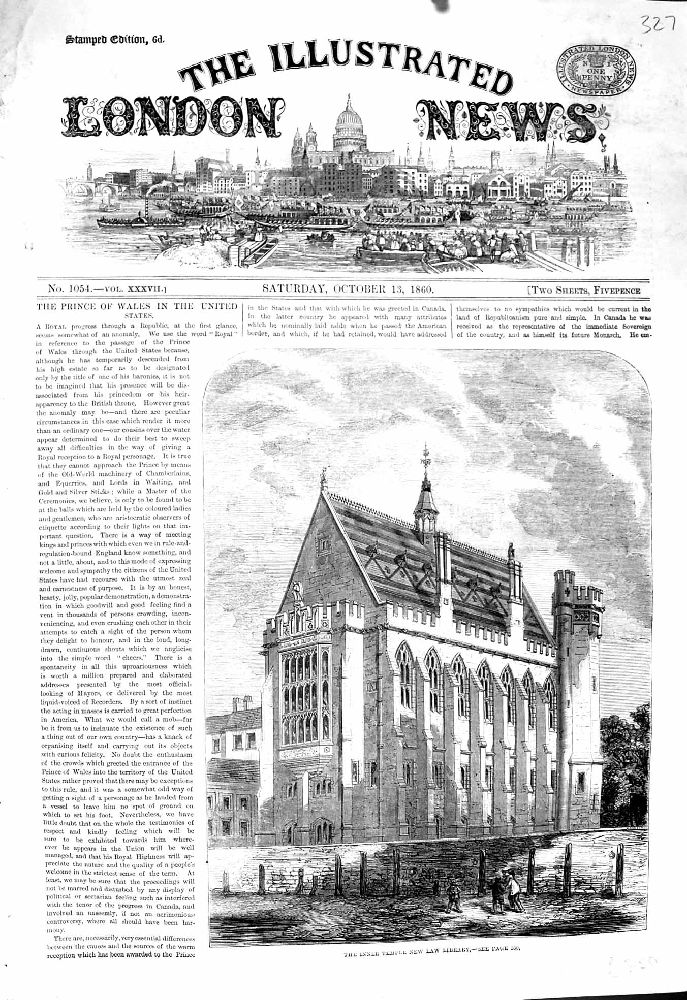 Original Old Antique Print 1860 Inner Temple New Law Library Architecture 19th