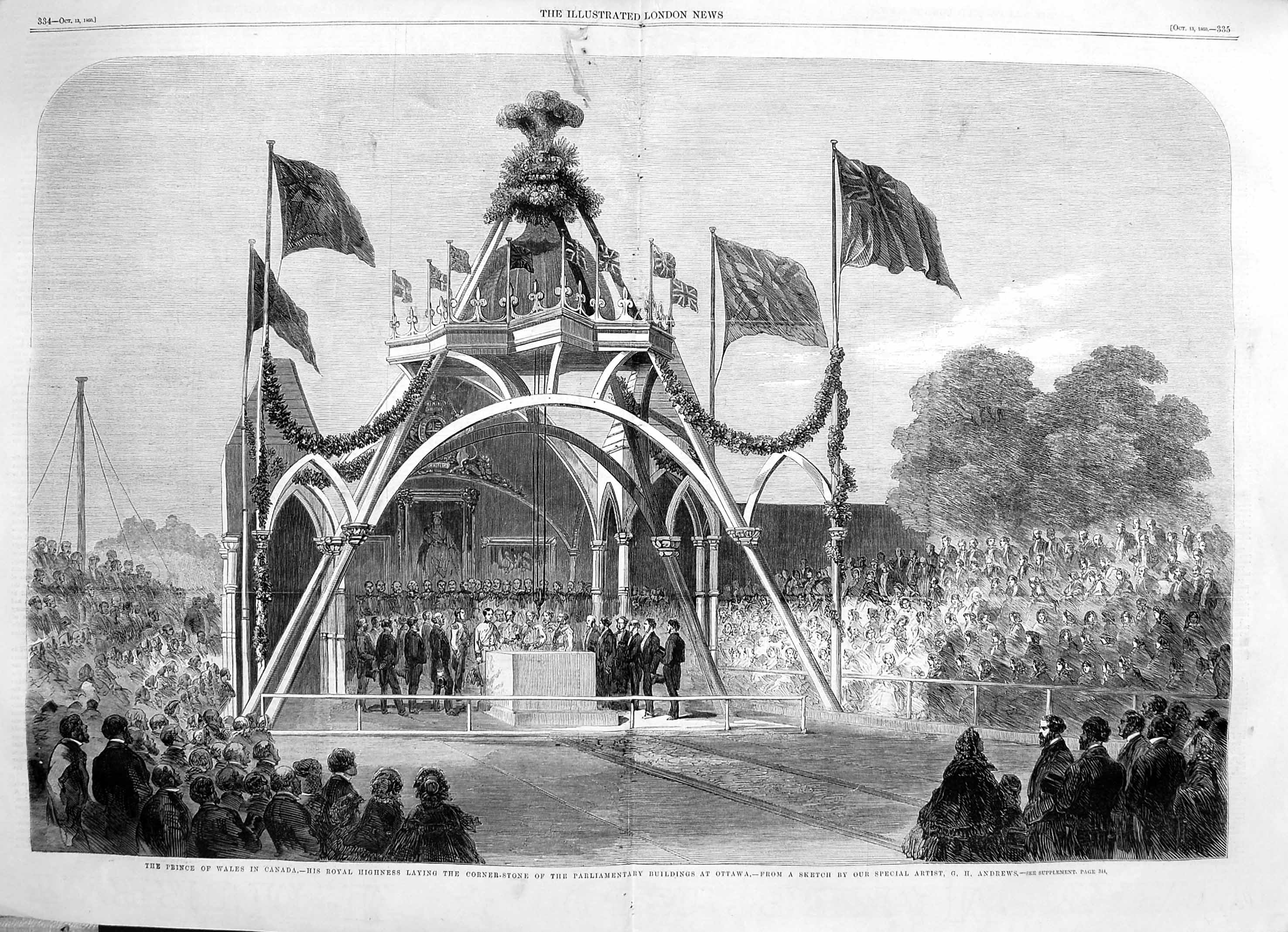 Old Antique Print 1860 Prince Wales Canada Foundation Parliament Ottawa 19th