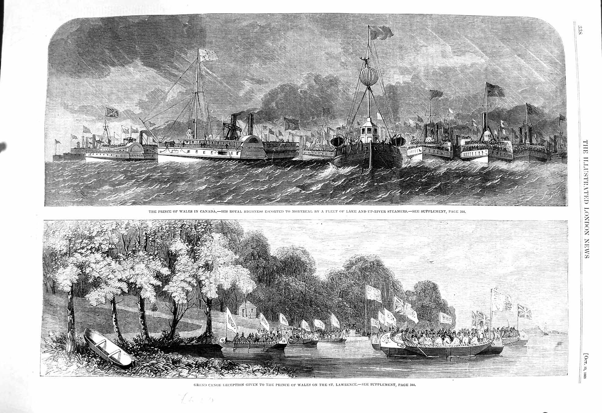 Old Antique Print 1860 Prince Wales Canada Canoe Recpetion Lawrence River 19th