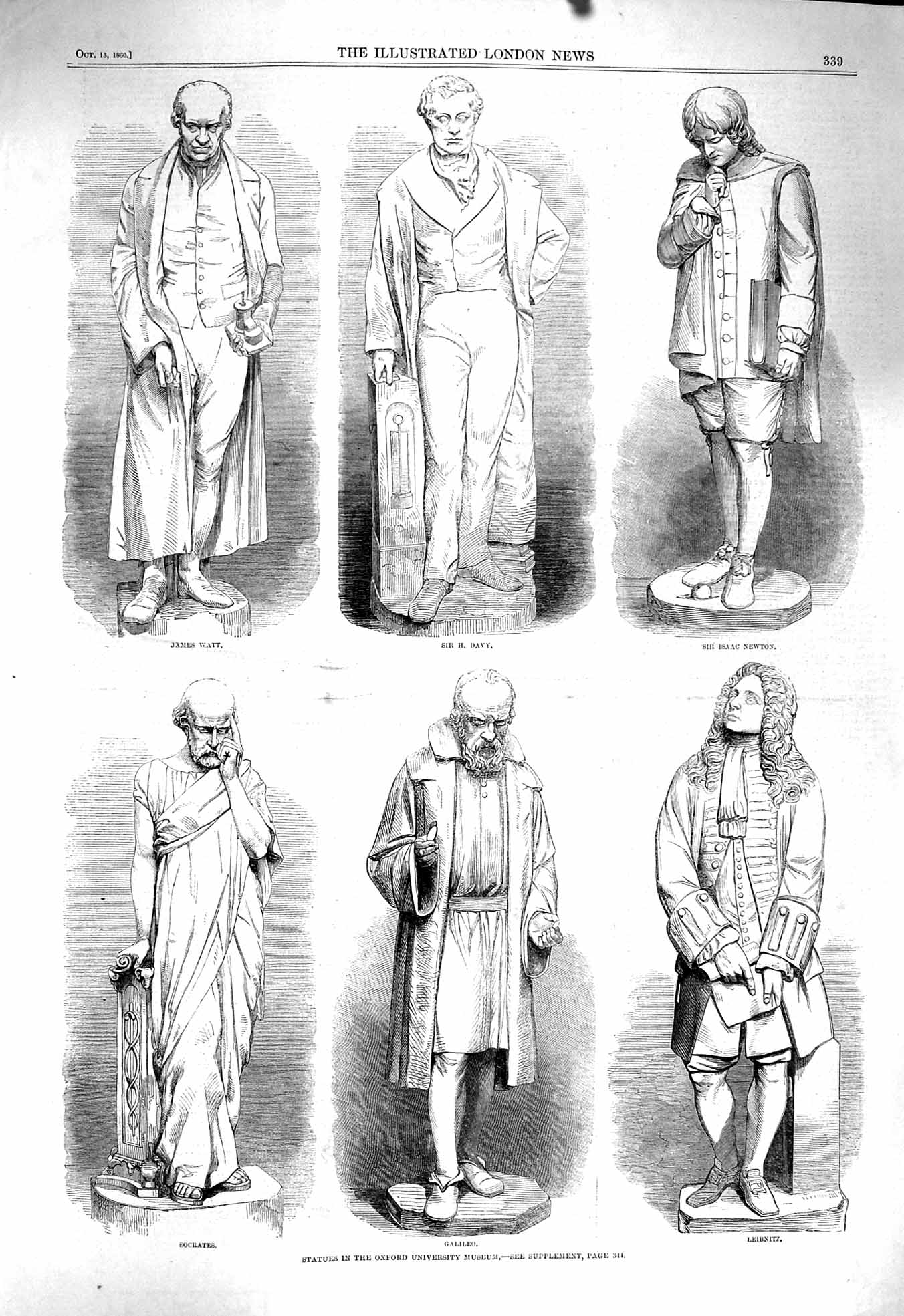 Original Old Antique Print 1860 Statues Oxford Museum Watt Davy Newton 19th