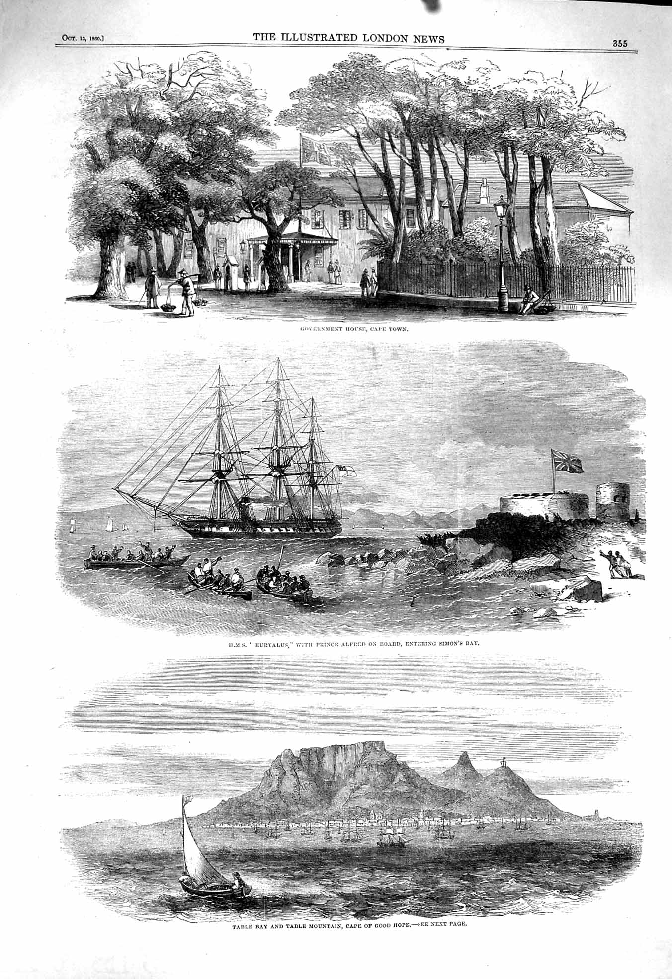 Old Antique Print 1860 Government House Cape Town Ship Euryalus Cape Hope 19th