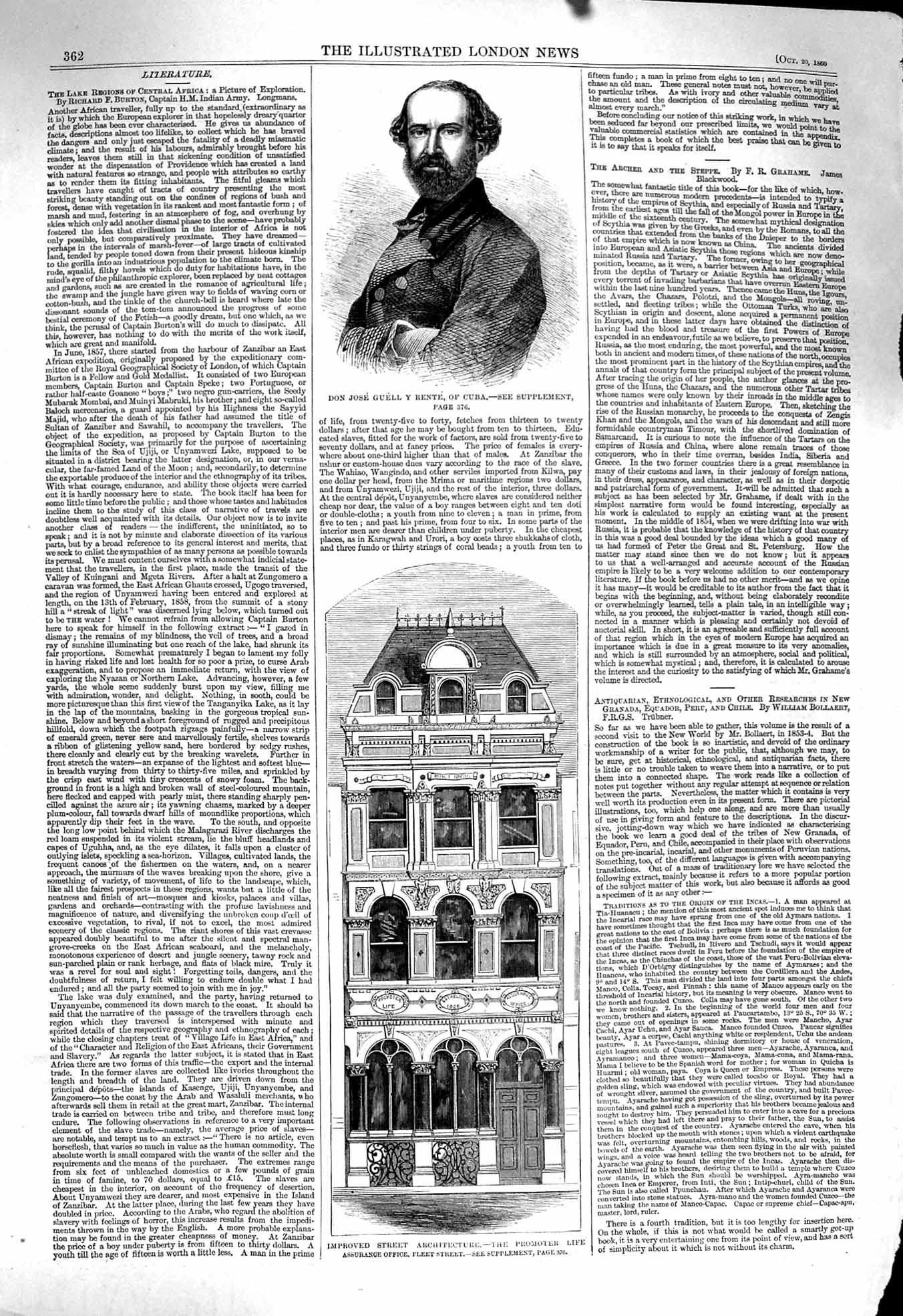 Original Old Antique Print 1860 Don Jose Guell Rente Cuba Life Assurance 19th