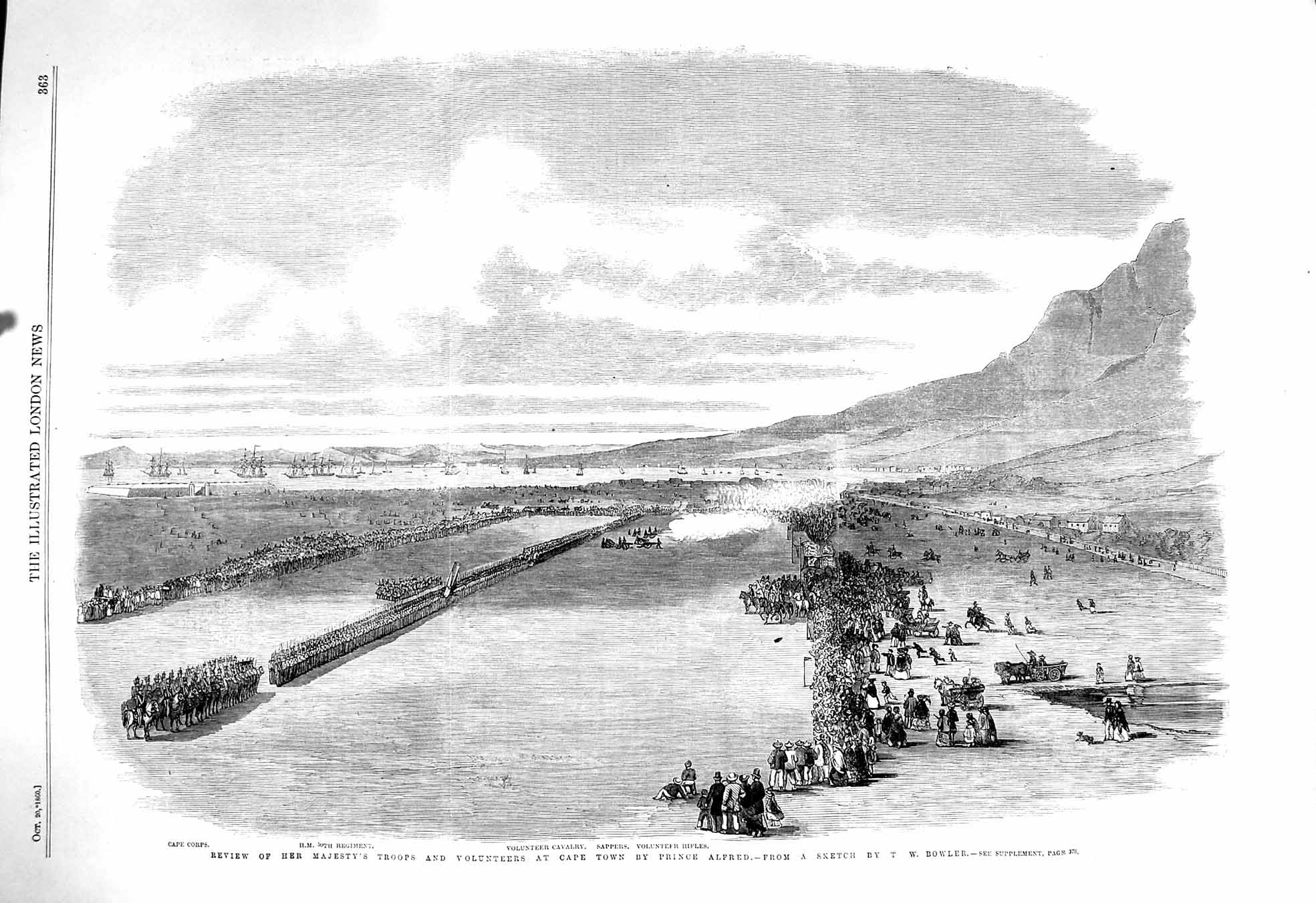 Old Antique Print 1860 Review Troops Cape Town Prince Alfred Sappers War 19th