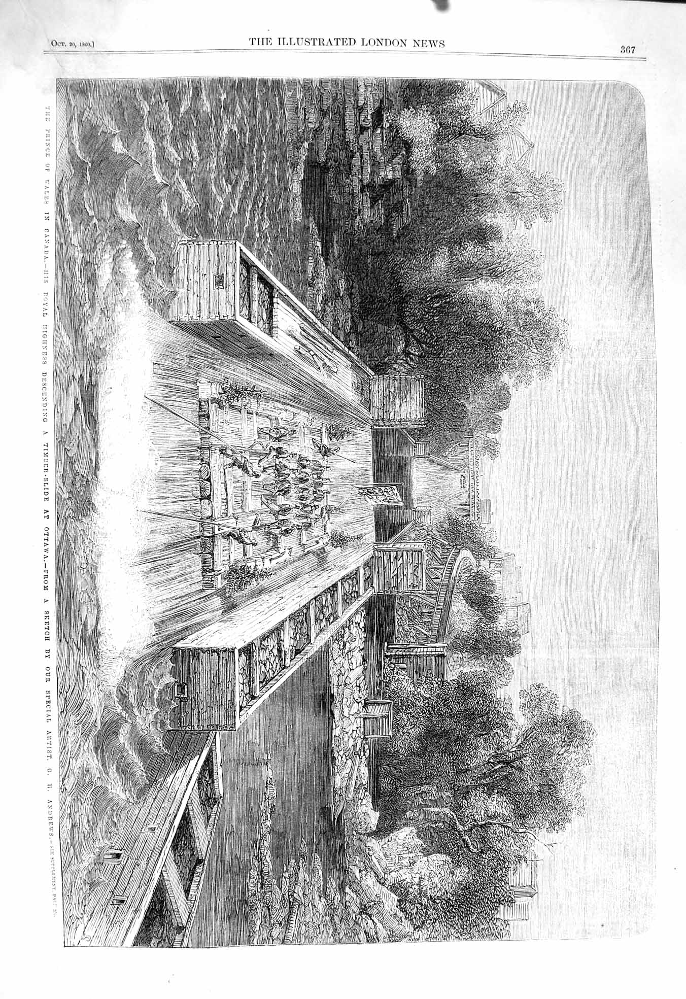 Original Old Antique Print 1860 Prince Wales Canada Timber Slide Ottawa River