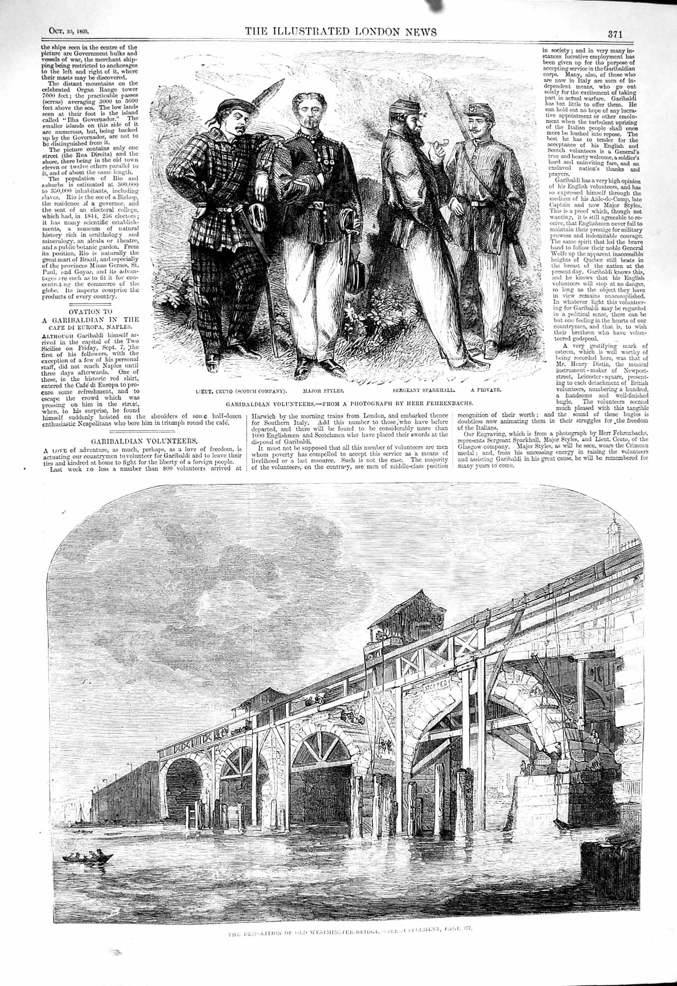 Original Old Antique Print 1860 Demolition Westminster Bridge Garibaldian Ceuto