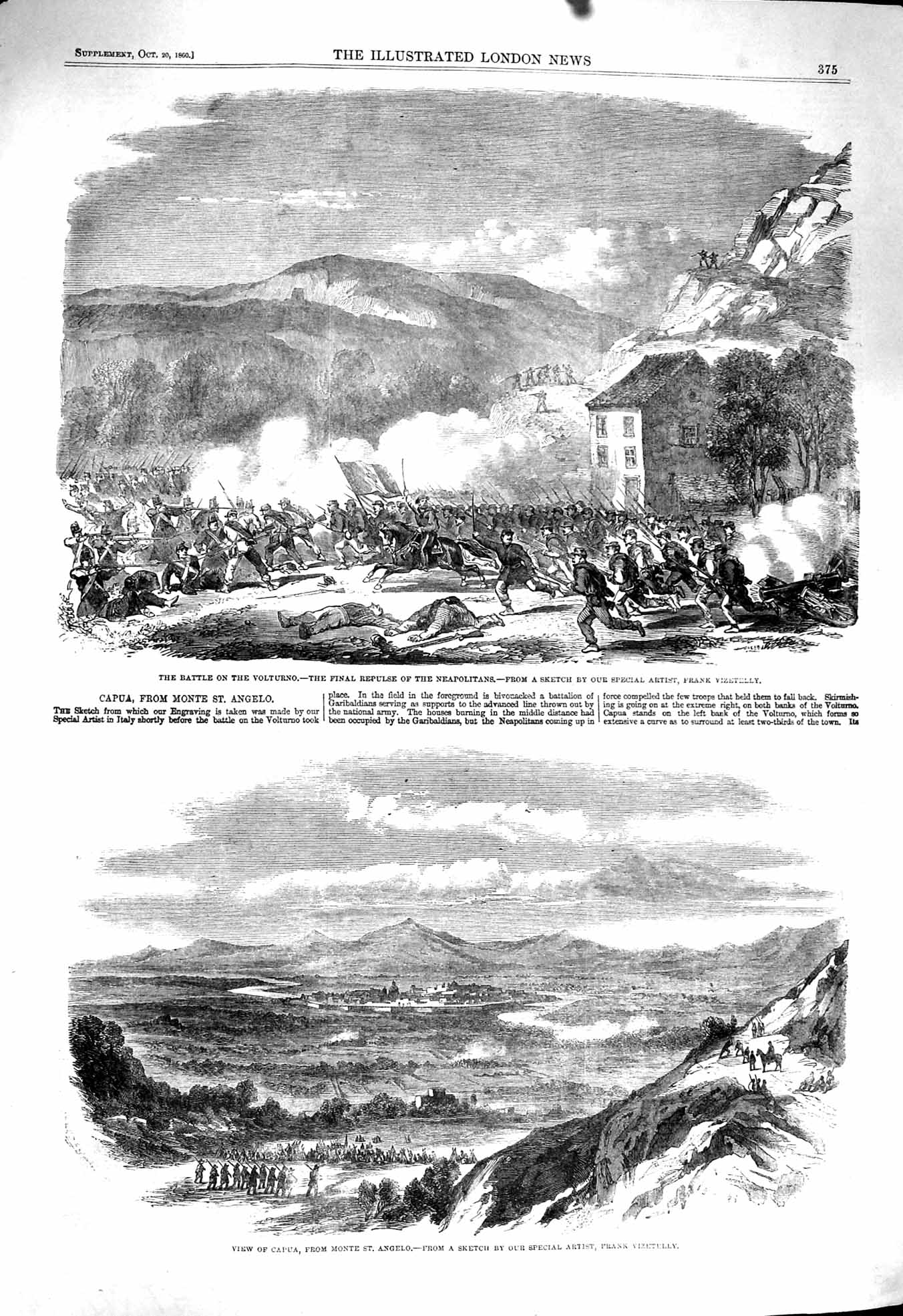 Original Old Antique Print 1860 Battle Volturno Neapolitans Capua Monte Angelo