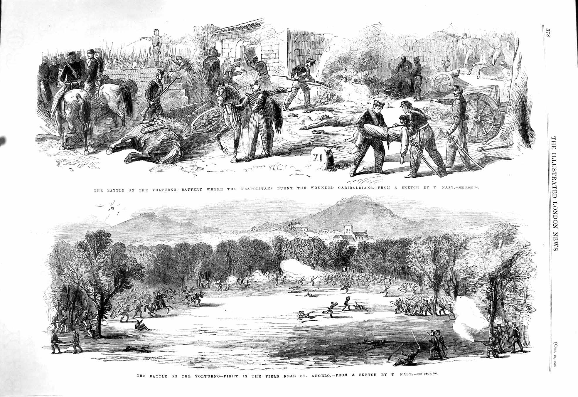 Original Old Antique Print 1860 Battle Volturno Garibaldi Angelo Neapolitan War