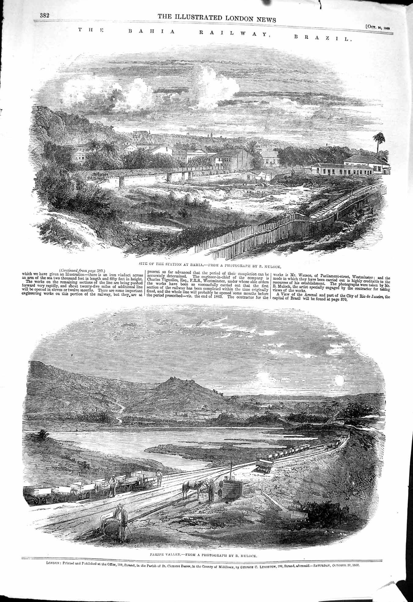 Old Antique Print 1860 Bahia Railway Brazil Paripe Valley Station Train 19th