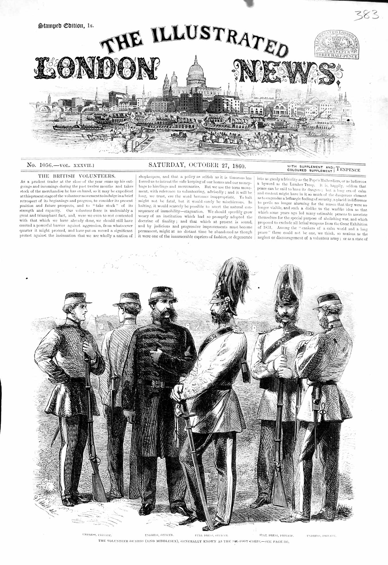Original Old Antique Print 1860 Volunteer Guards Private Officer Six-Foot Corps