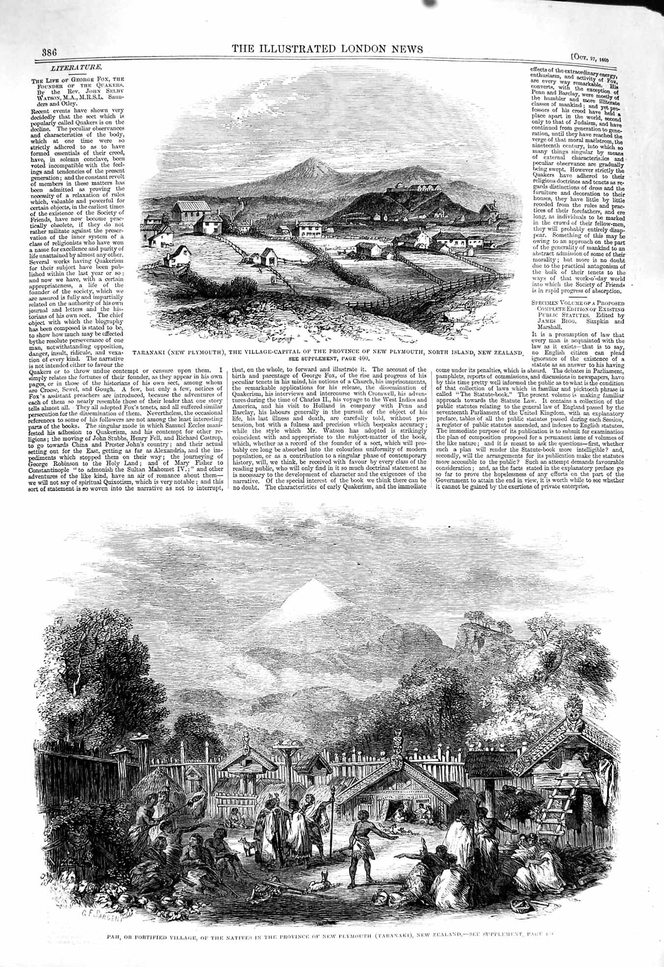 Original Old Antique Print 1860 Taranaki Plymouth New Zealand Pah Villag 19th