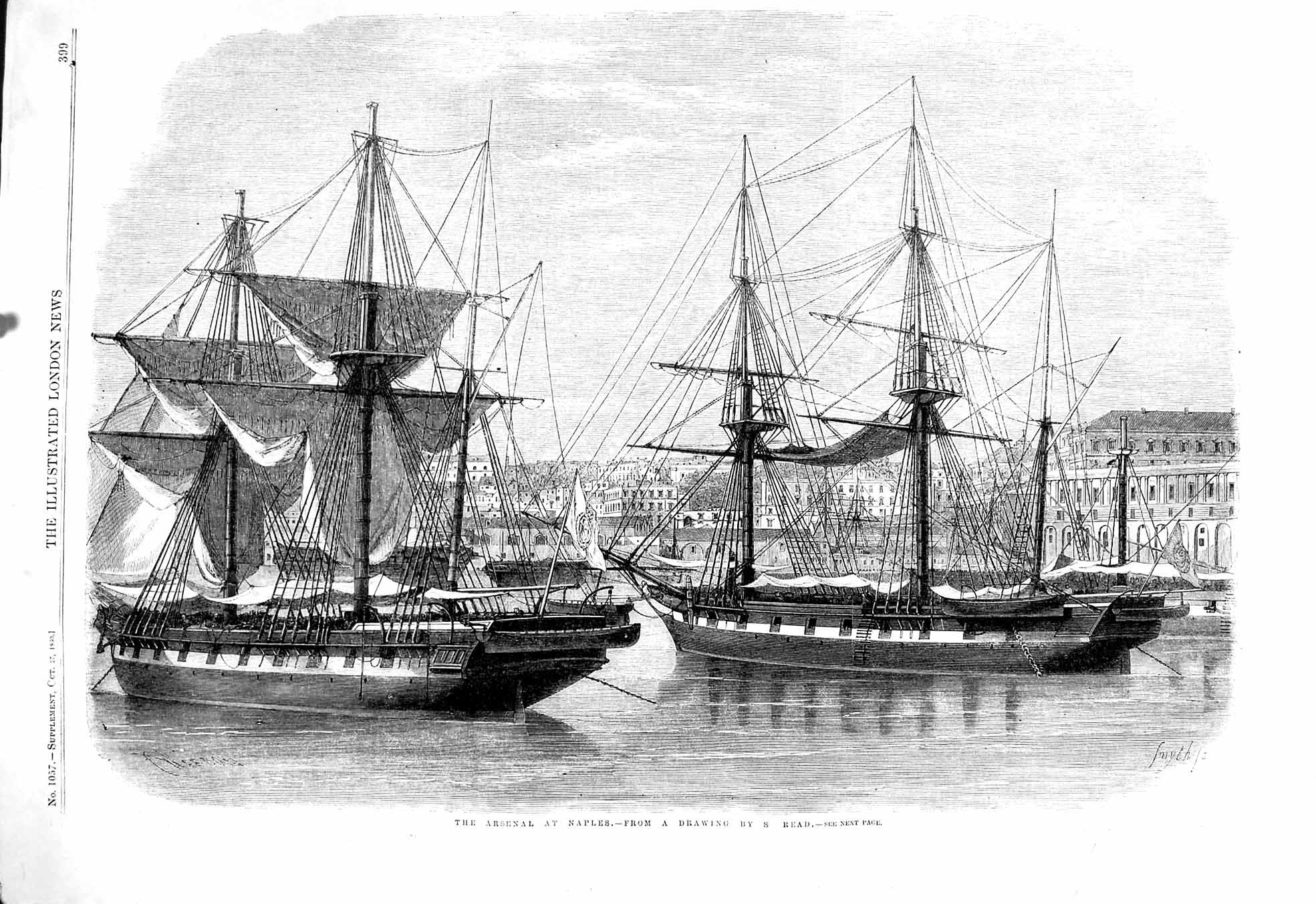 Original Old Antique Print 1860 War Ships Arsenal Naples Italy Read Victorian
