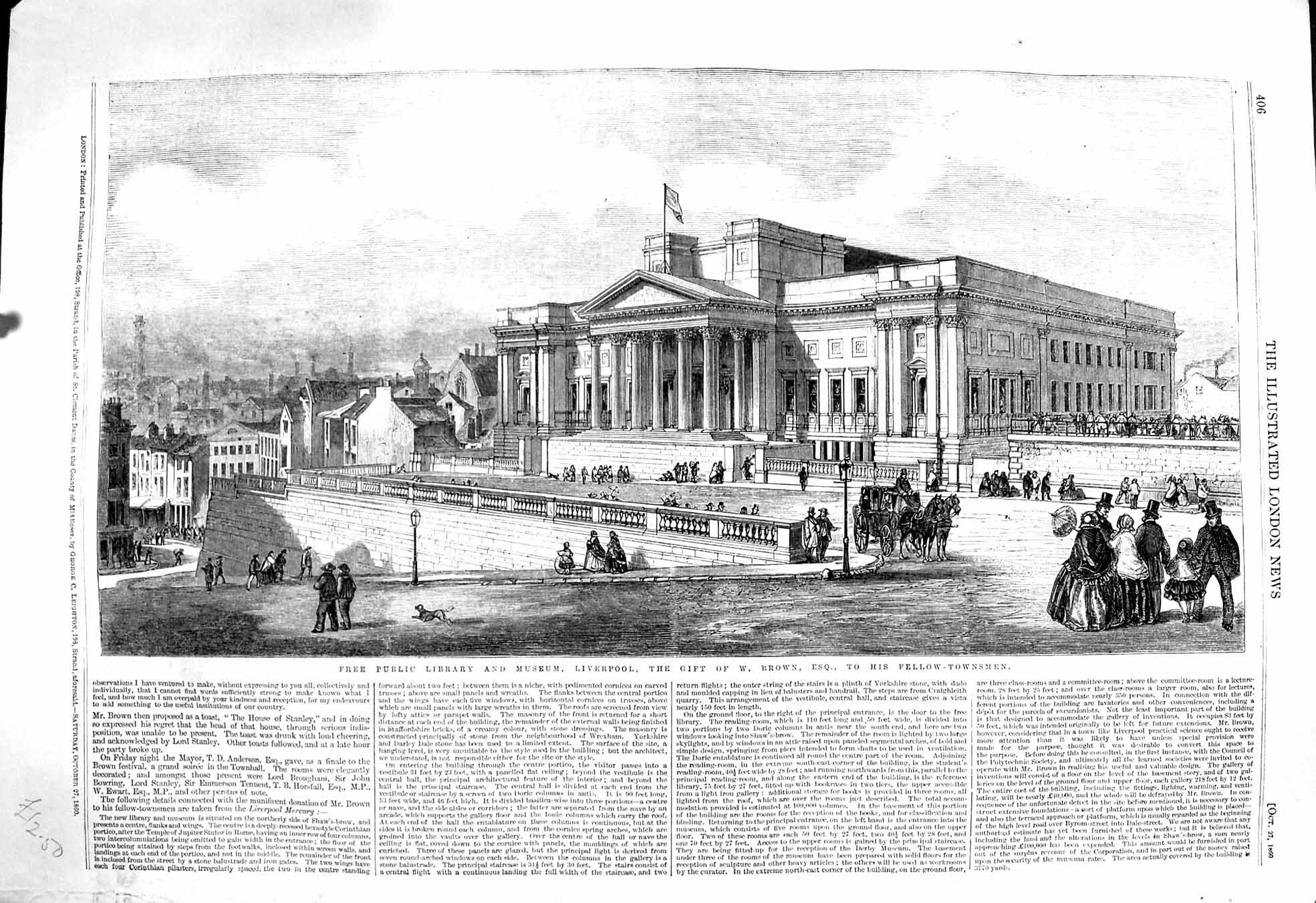 Original Old Antique Print 1860 Free Public Library Museum Liverpool Archi 19th