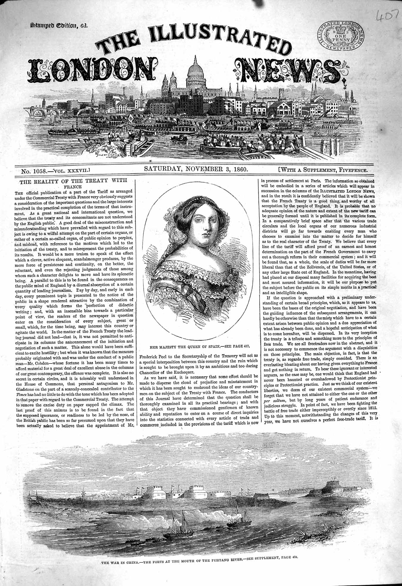 Original Old Antique Print 1860 Queen Spain War China Forts Mouth Pehtang River