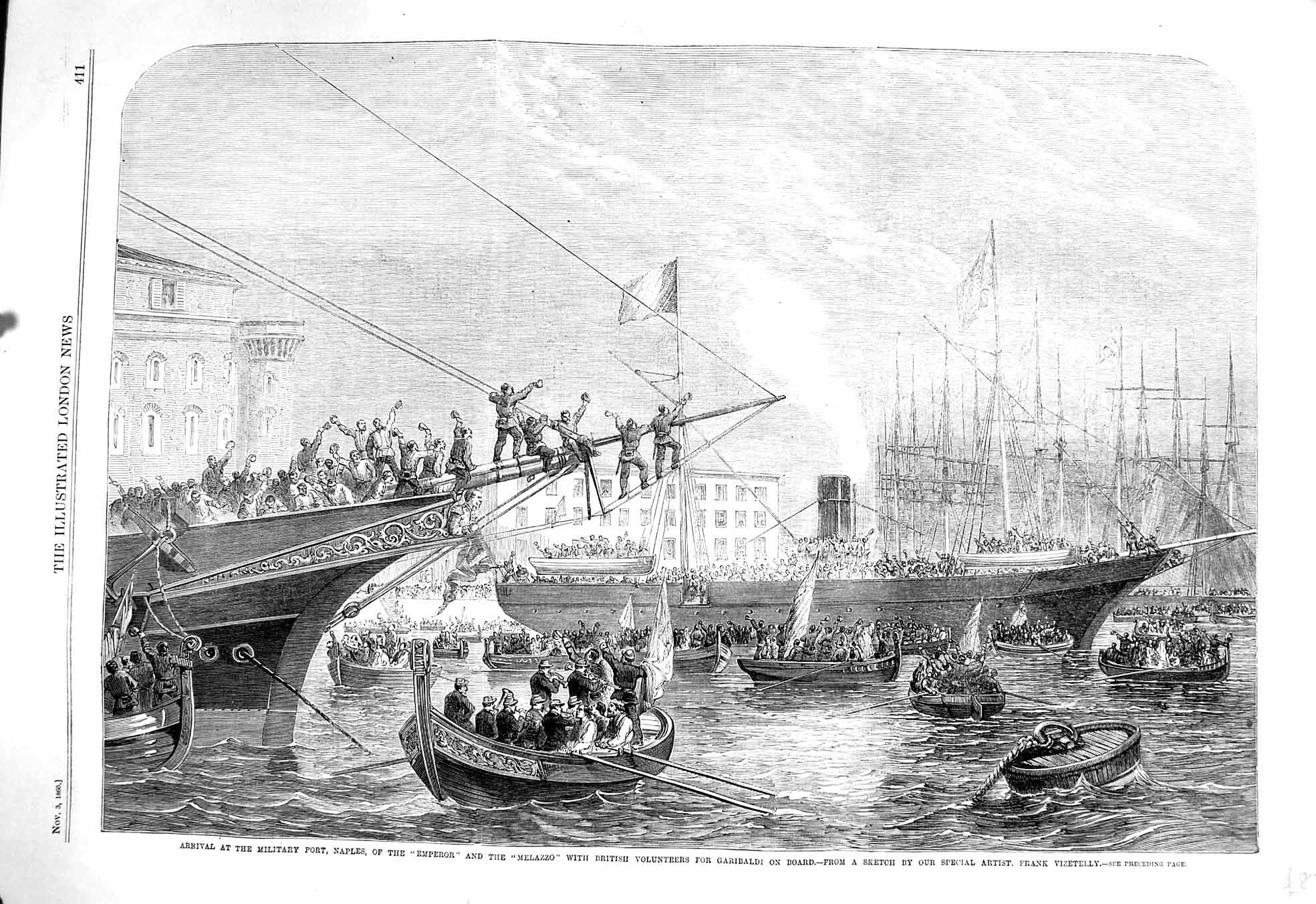 Old Antique Print 1860 Military Port Naples Emperor Melazzo Garibaldi War 19th