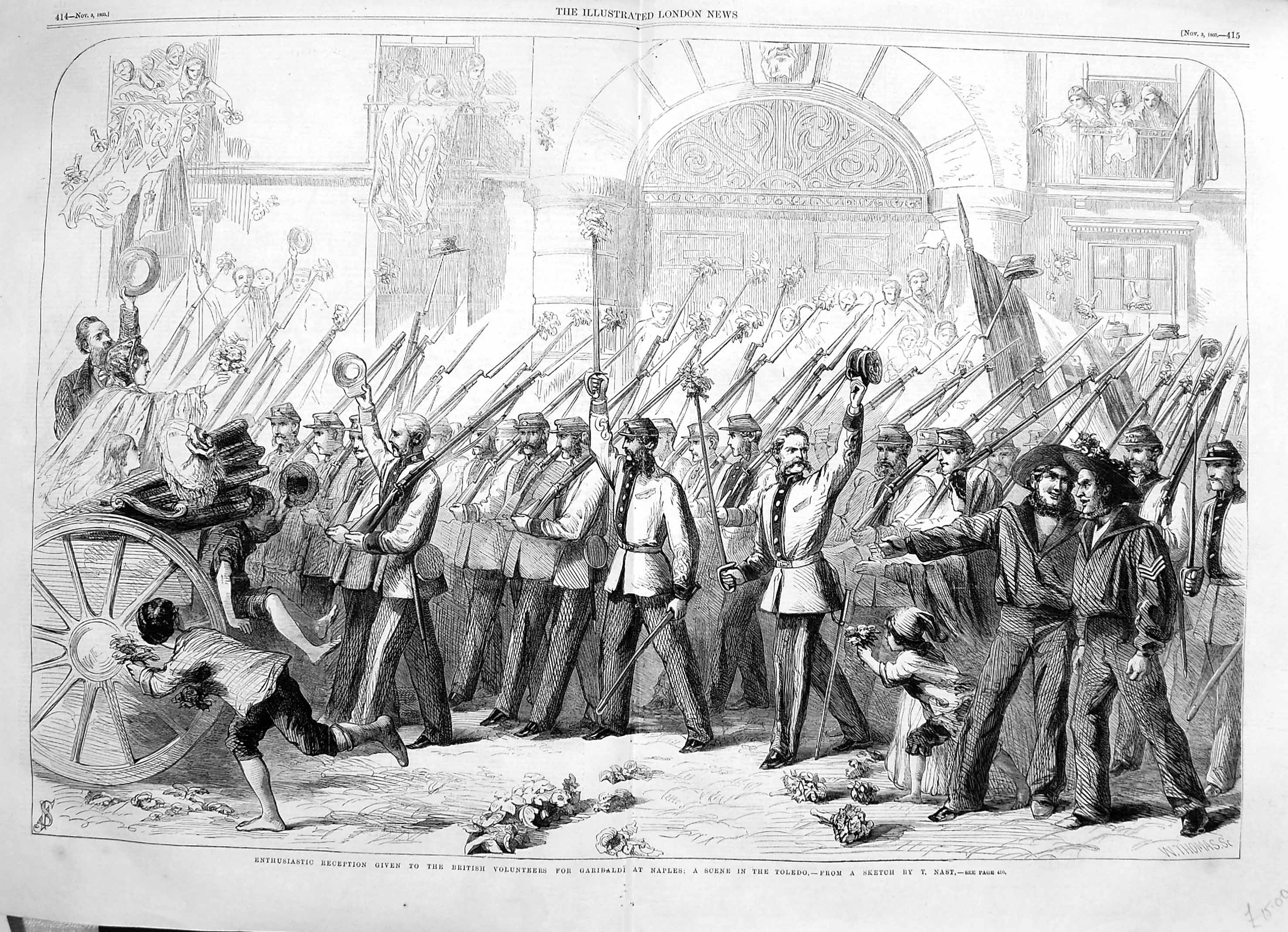 Original Old Antique Print 1860 British War Volunteers Garibaldi Naples Toledo