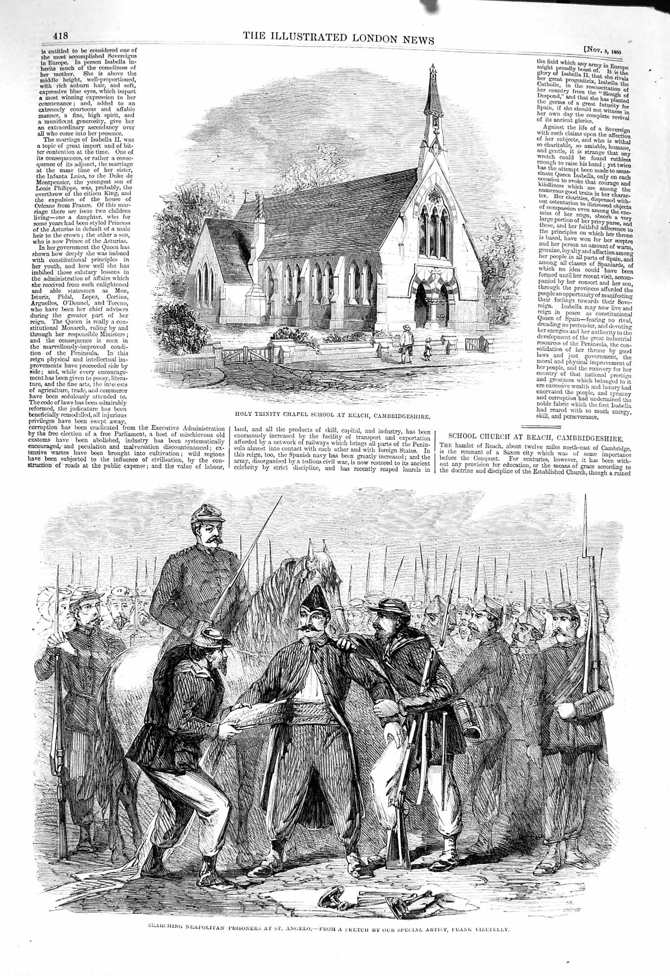 Original Old Antique Print 1860 Holy Trinity School Reach Neapolitan Prisoners