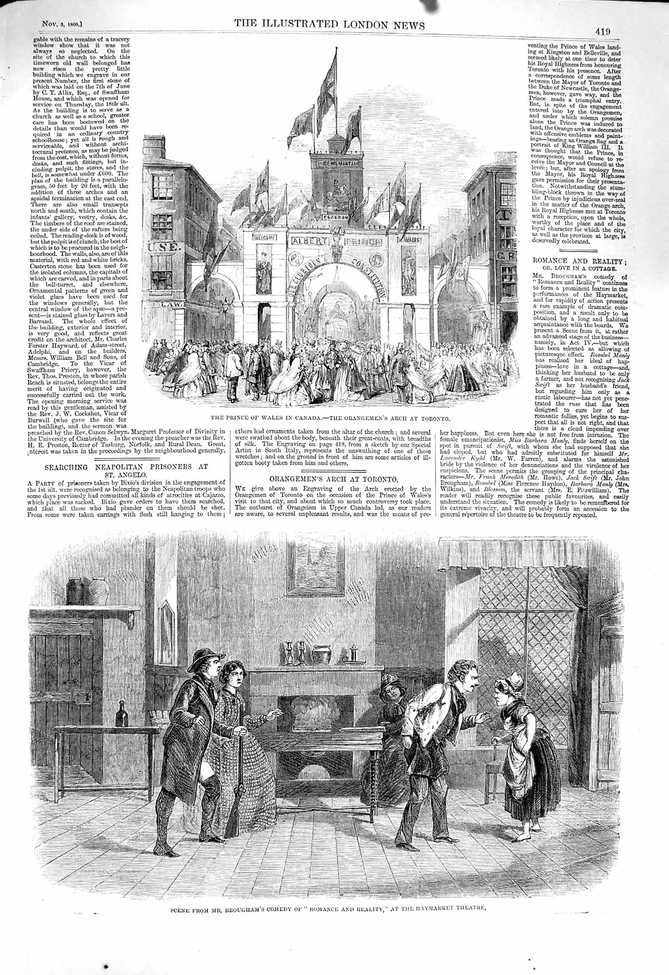 Original Old Antique Print 1860 Prince Wales Canada Haymarket Theatre Brougham