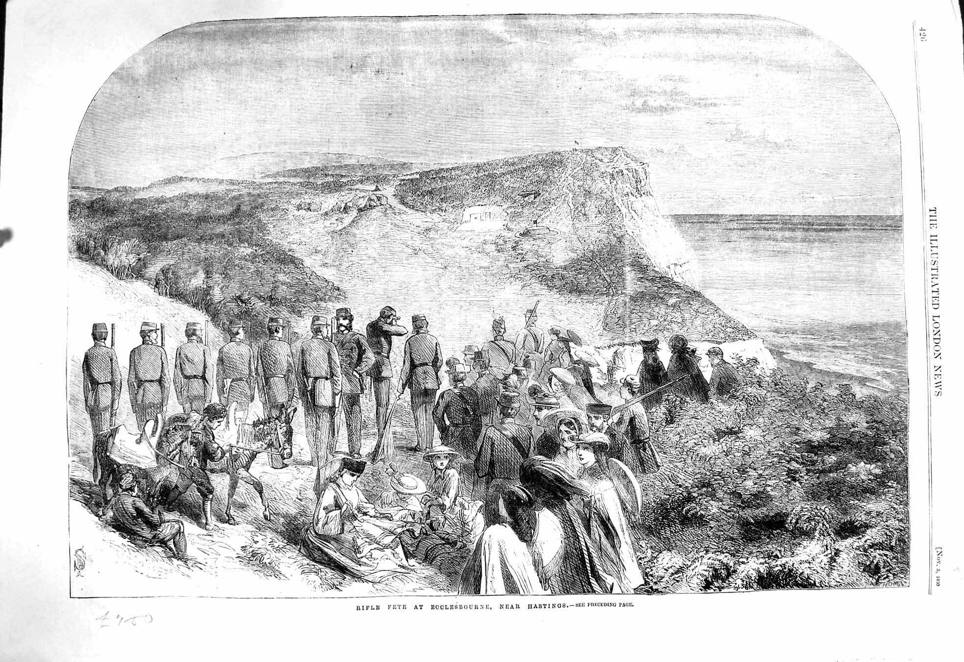 Original Old Antique Print 1860 Rifle Fete Ecclesbourne Hastings Siers England