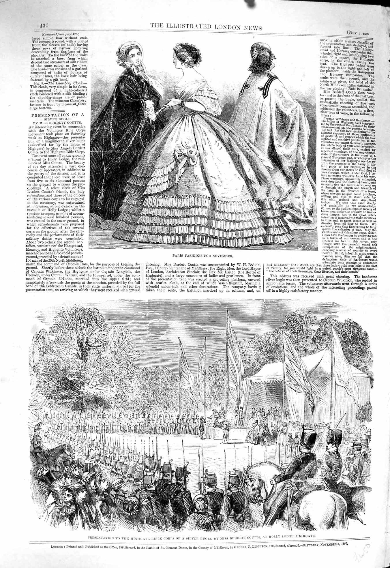 Old Antique Print 1860 Paris Fashion Highgate Rifle Corps Burdett Coutts 19th