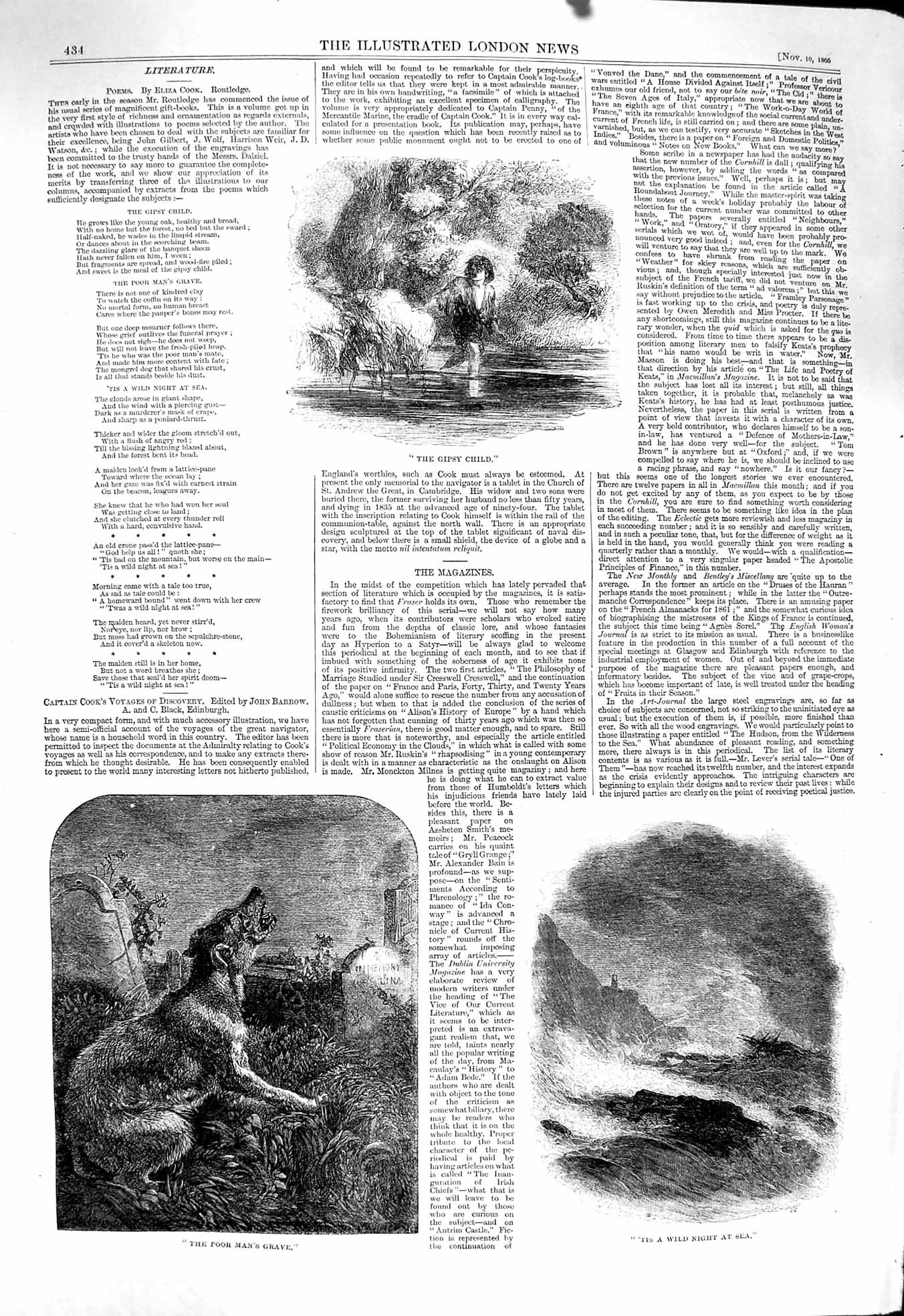 Old Antique Print 1860 Gipsy Child Howling Dog Por Man'S Grave Stormy Sea 19th