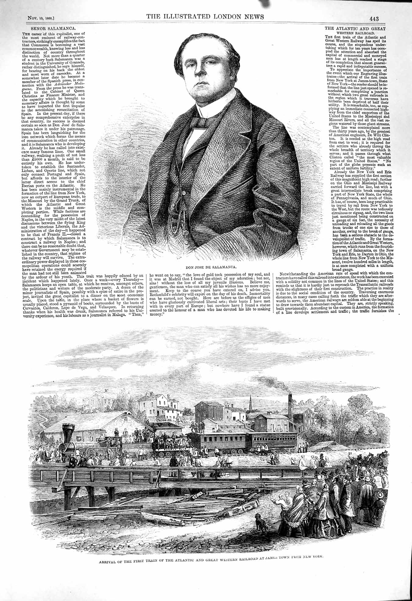 Original Old Antique Print 1860 Don Jose Salamanca Train James Town Atlantic