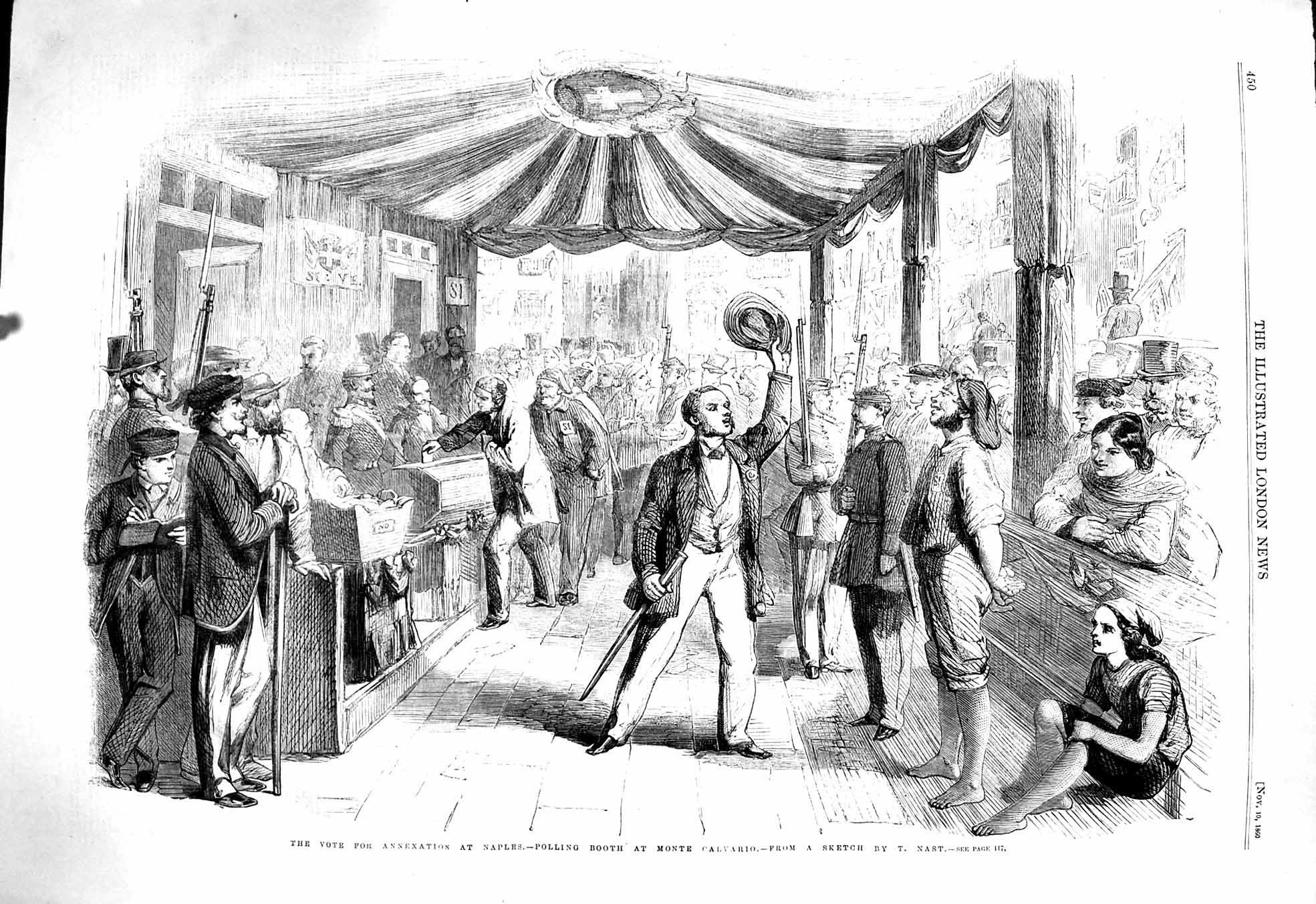 Original Old Antique Print 1860 Polling Booth Monte Calvario Annexation Naples