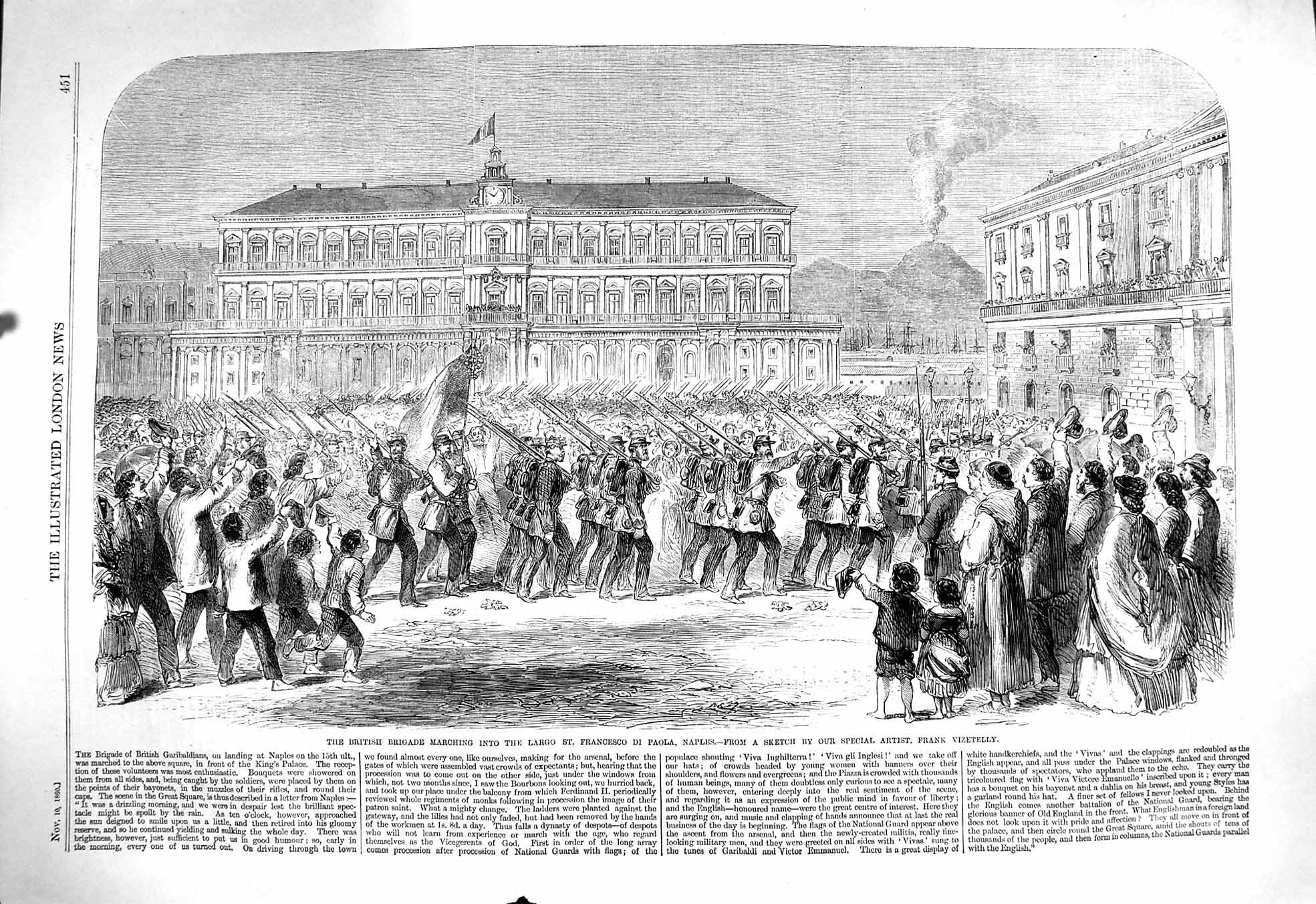 Original Old Antique Print 1860 British Brigade Largo Francesco Di Paola Naples