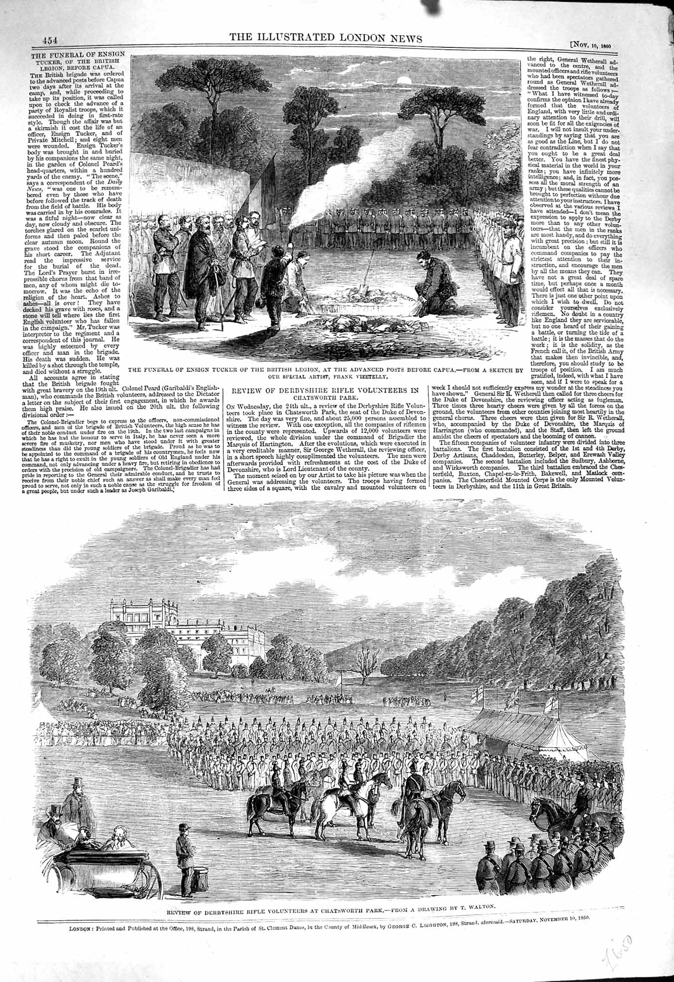 Original Old Antique Print 1860 Funeral Ensign Tucker Capua Chatsworth Rif 19th