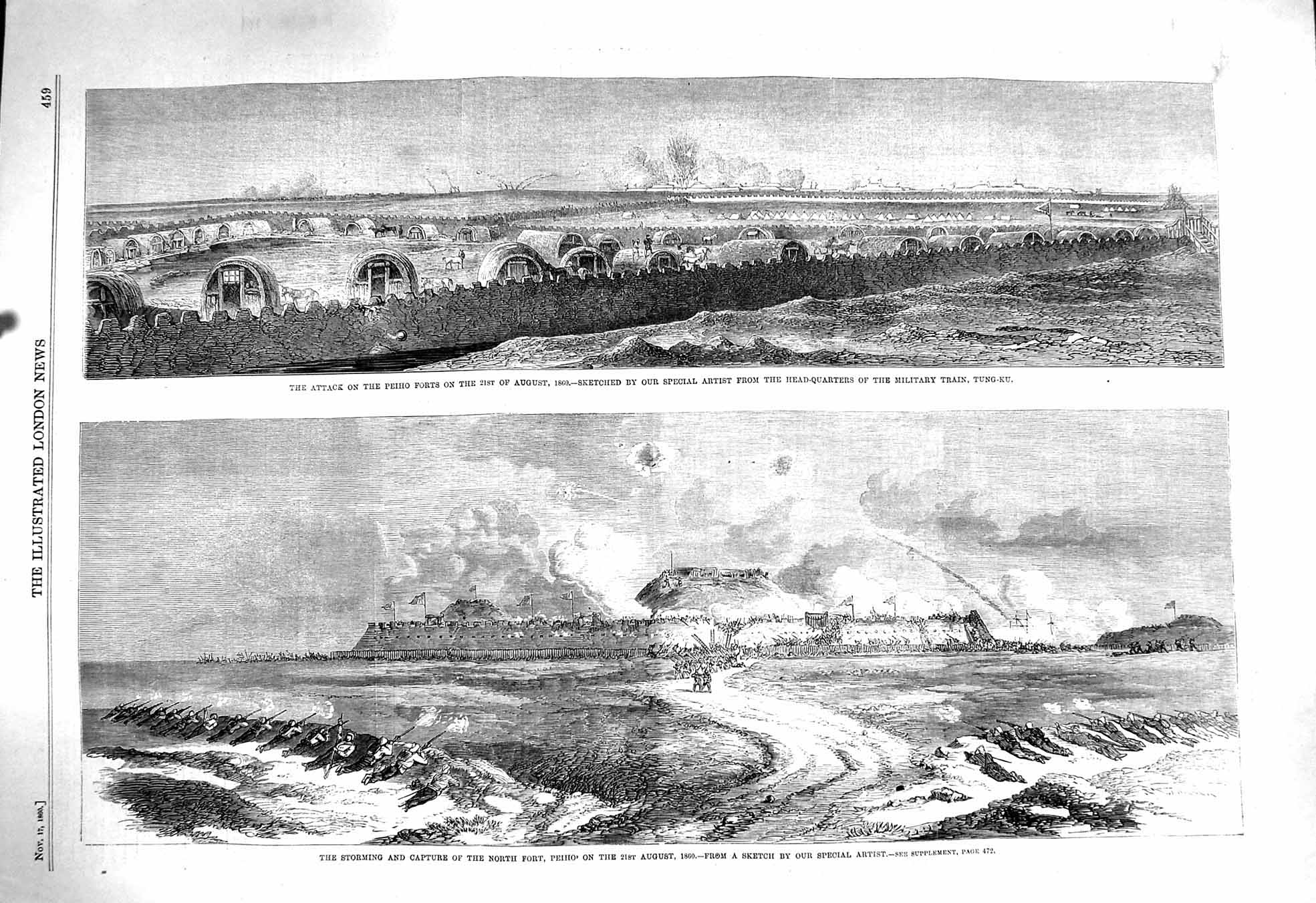 Old Antique Print 1860 Attack Peiho Forts Military Train Tung-Ku War Army 19th