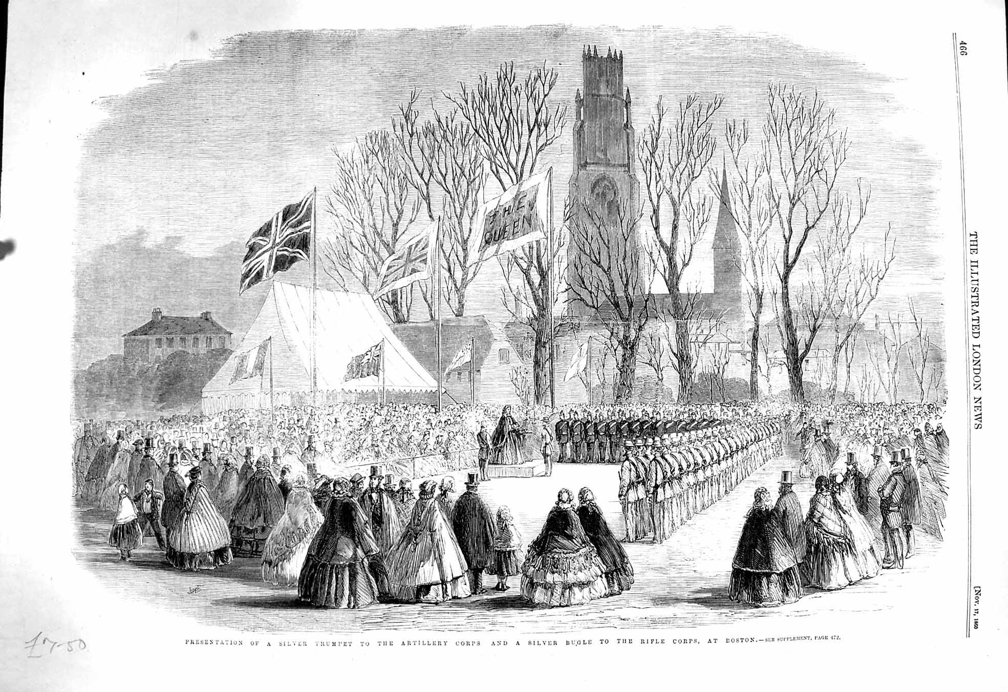 Old Antique Print 1860 Silver Trumpet Bugle Rifle Corps Boston Artillery 19th
