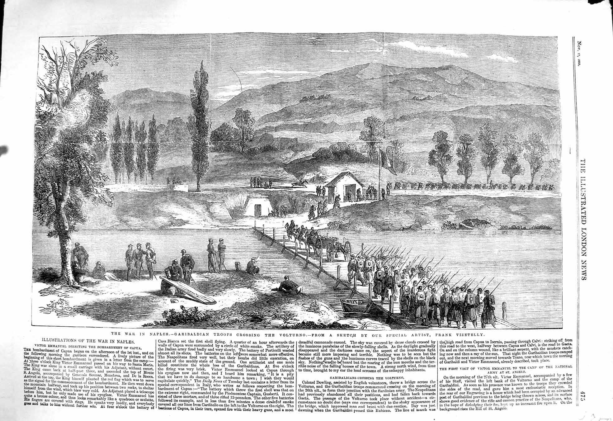 Original Old Antique Print 1860 War Naples Garibaldian Troops Volturno Siers