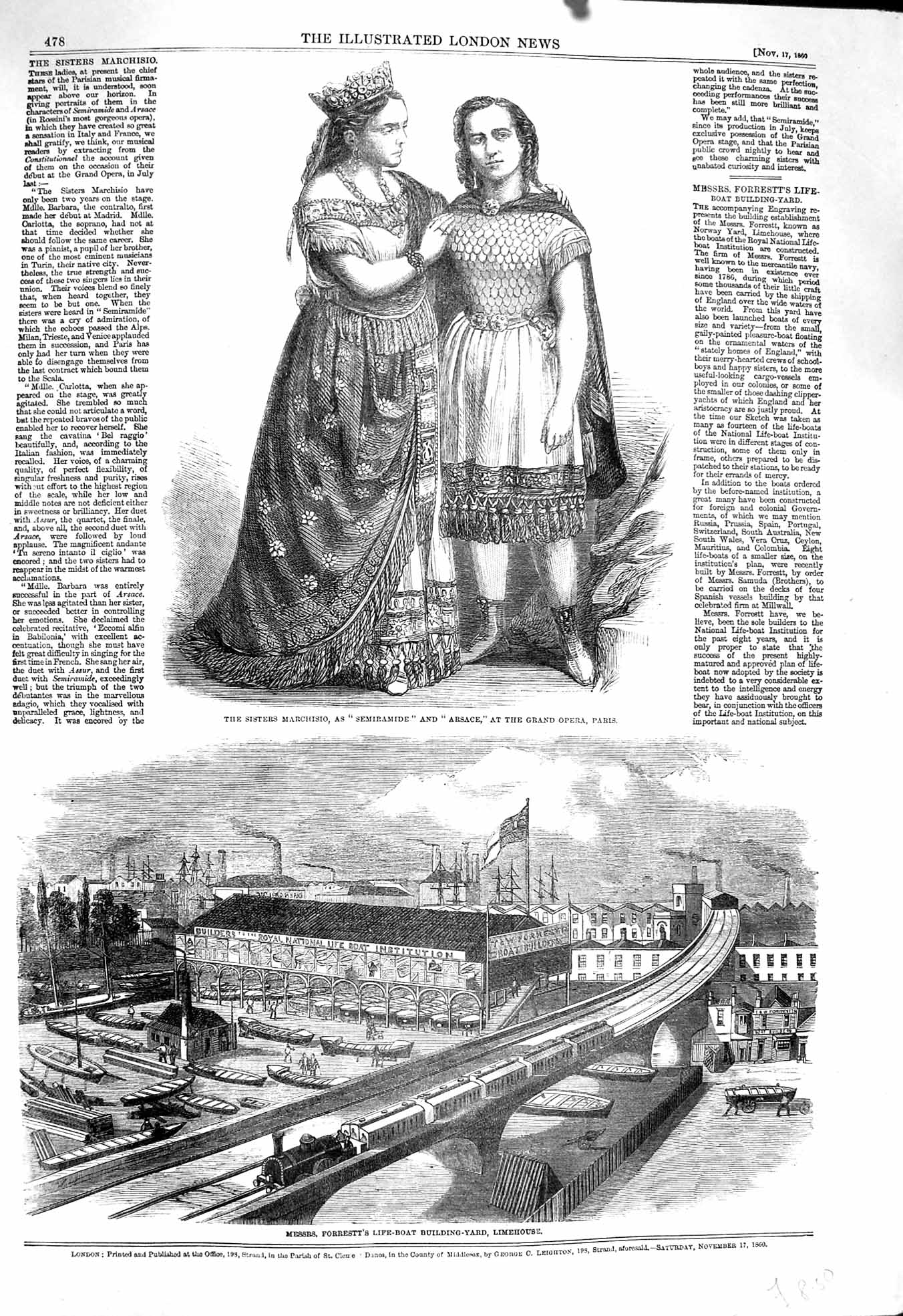 Original Old Antique Print 1860 Forrestt Life-Boat Limehouse Opera Paris Arsace