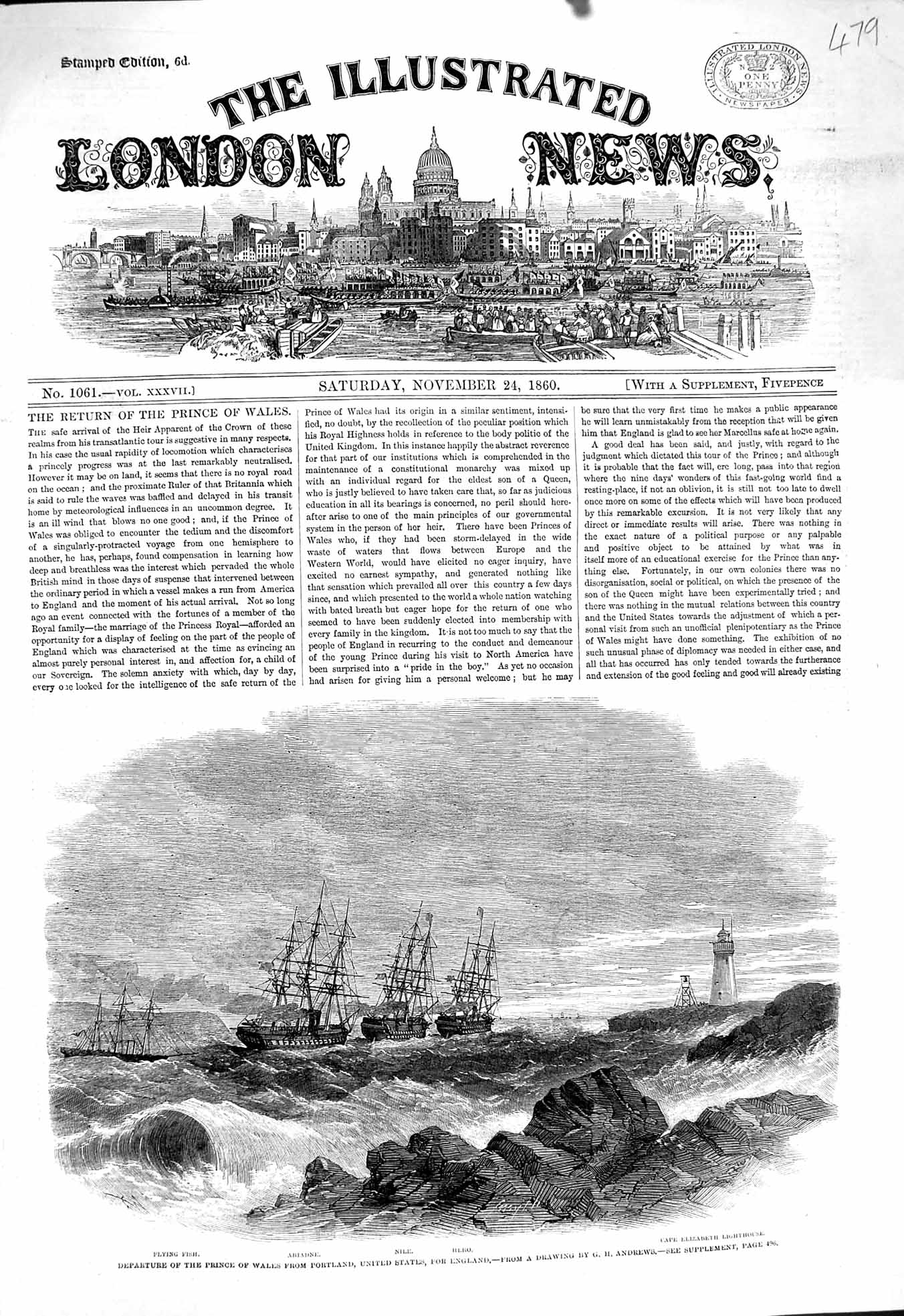 Old Antique Print 1860 Prince Wales Portland Ships Nile Hero Ariadne Fish 19th