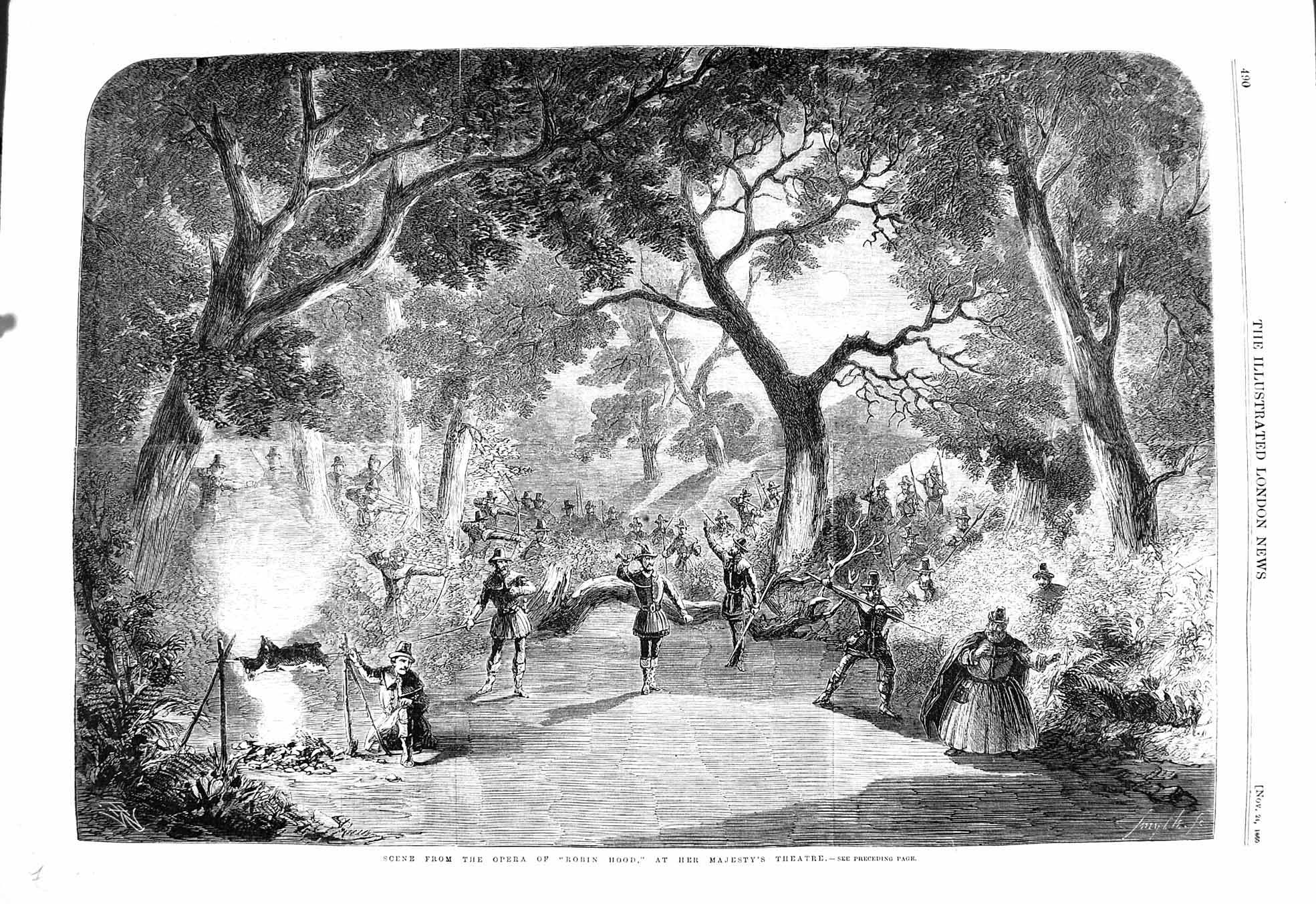 Old Antique Print 1860 Scene Opera Robin Hood Majesty Theatre Moonlight 19th
