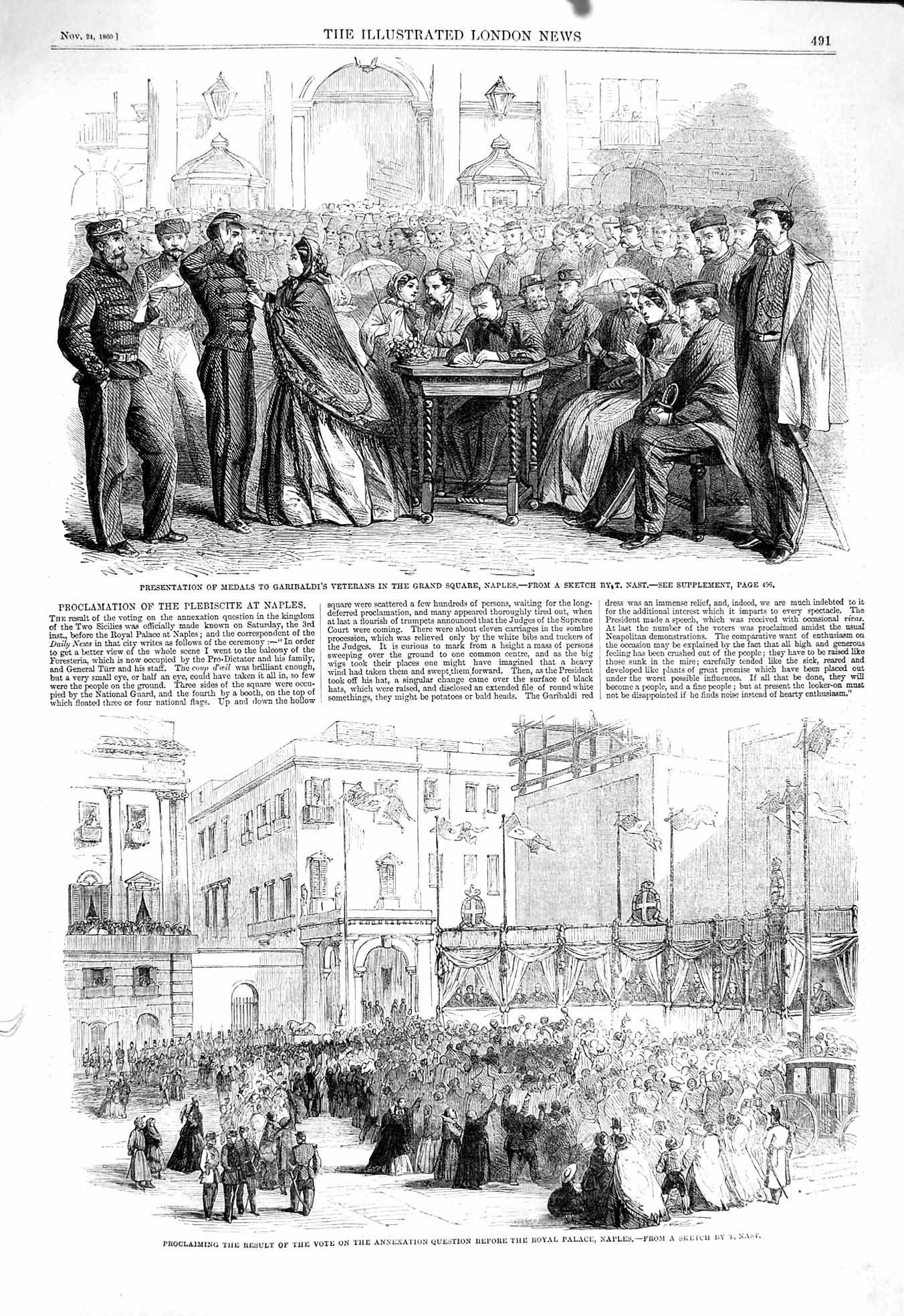 Original Old Antique Print 1860 Medals Garibaldi Naples Annexation Royal 19th