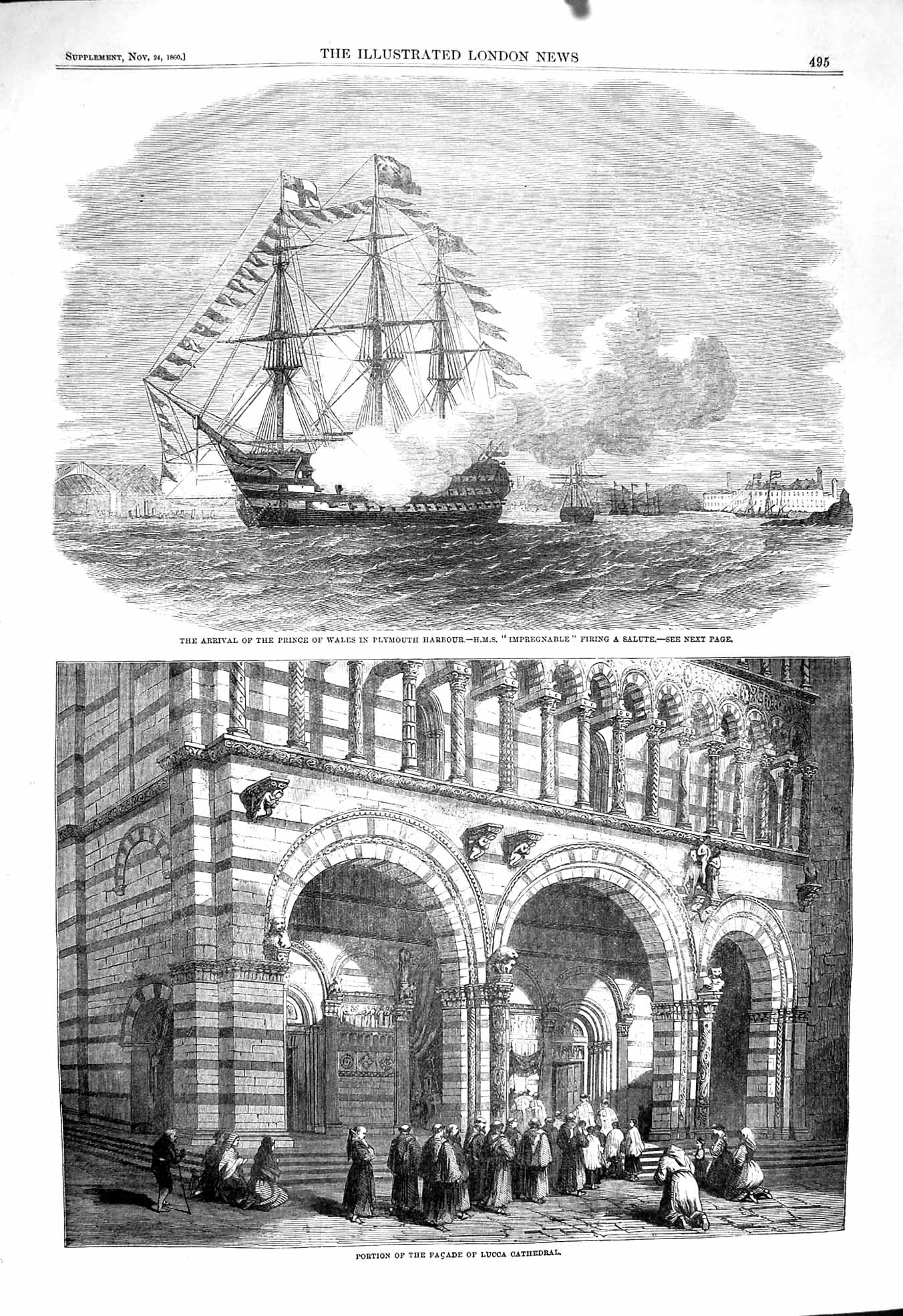 Original Old Antique Print 1860 Prince Wales Ship Impregnable Lucca Cathedral