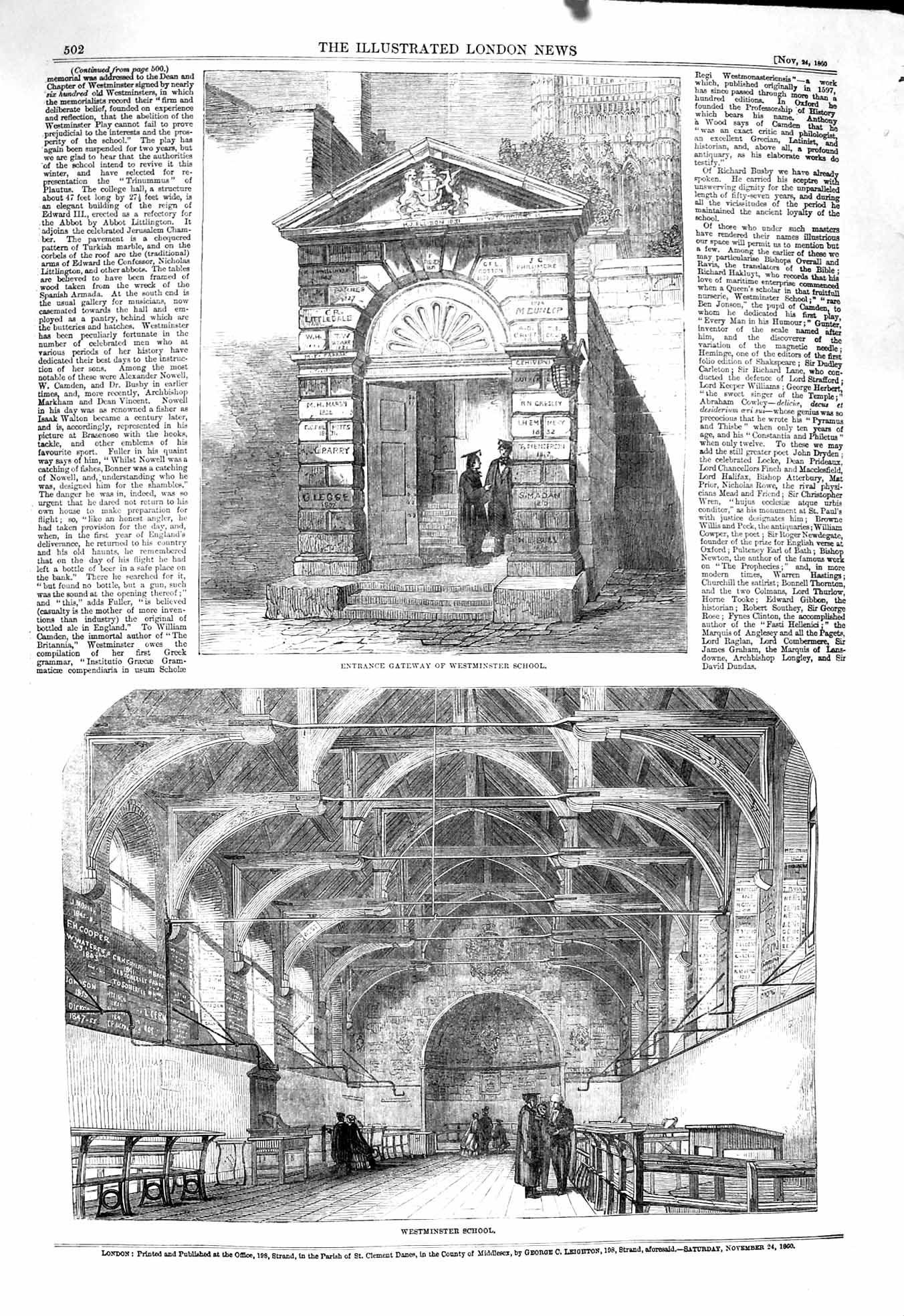 Old Antique Print 1860 Entrance Gateway Westminster School Architecture 19th