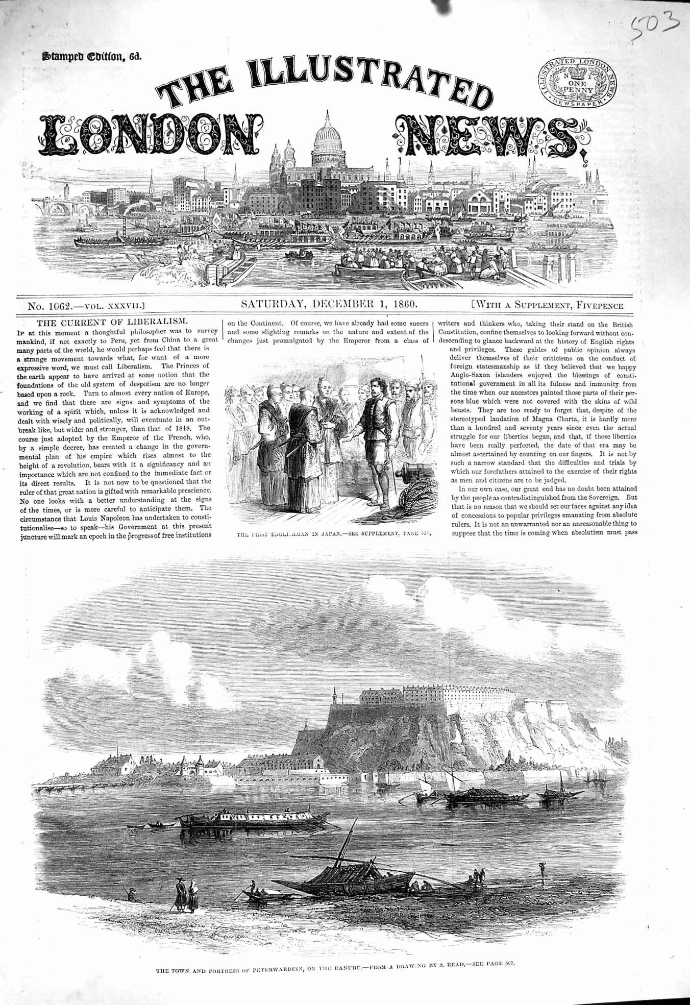 Original Old Antique Print 1860 Town Fortress Peterwardein Danube River Japan