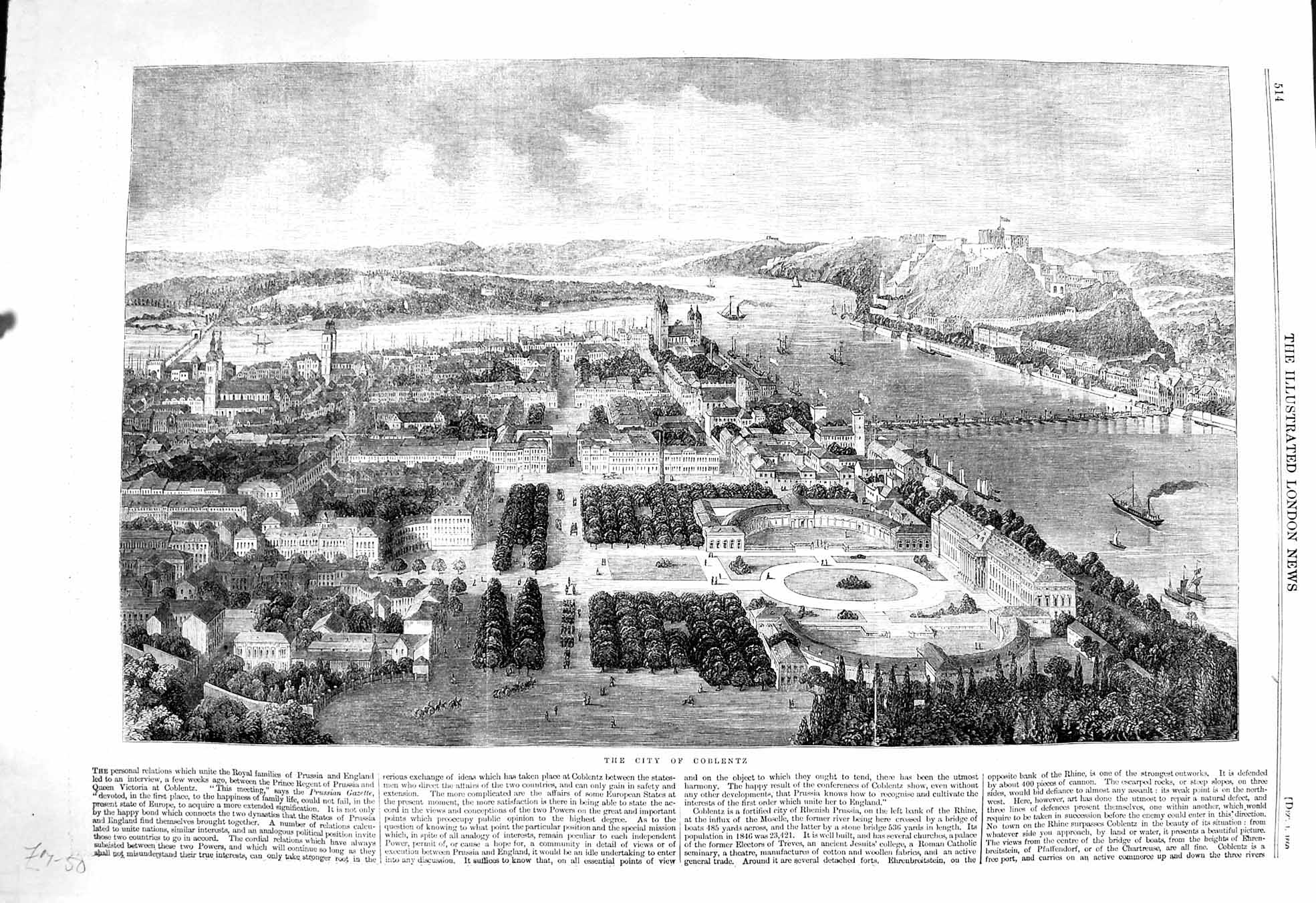 Old Antique Print 1860 View City Coblentz Queen Victoria Prince Prussia 19th