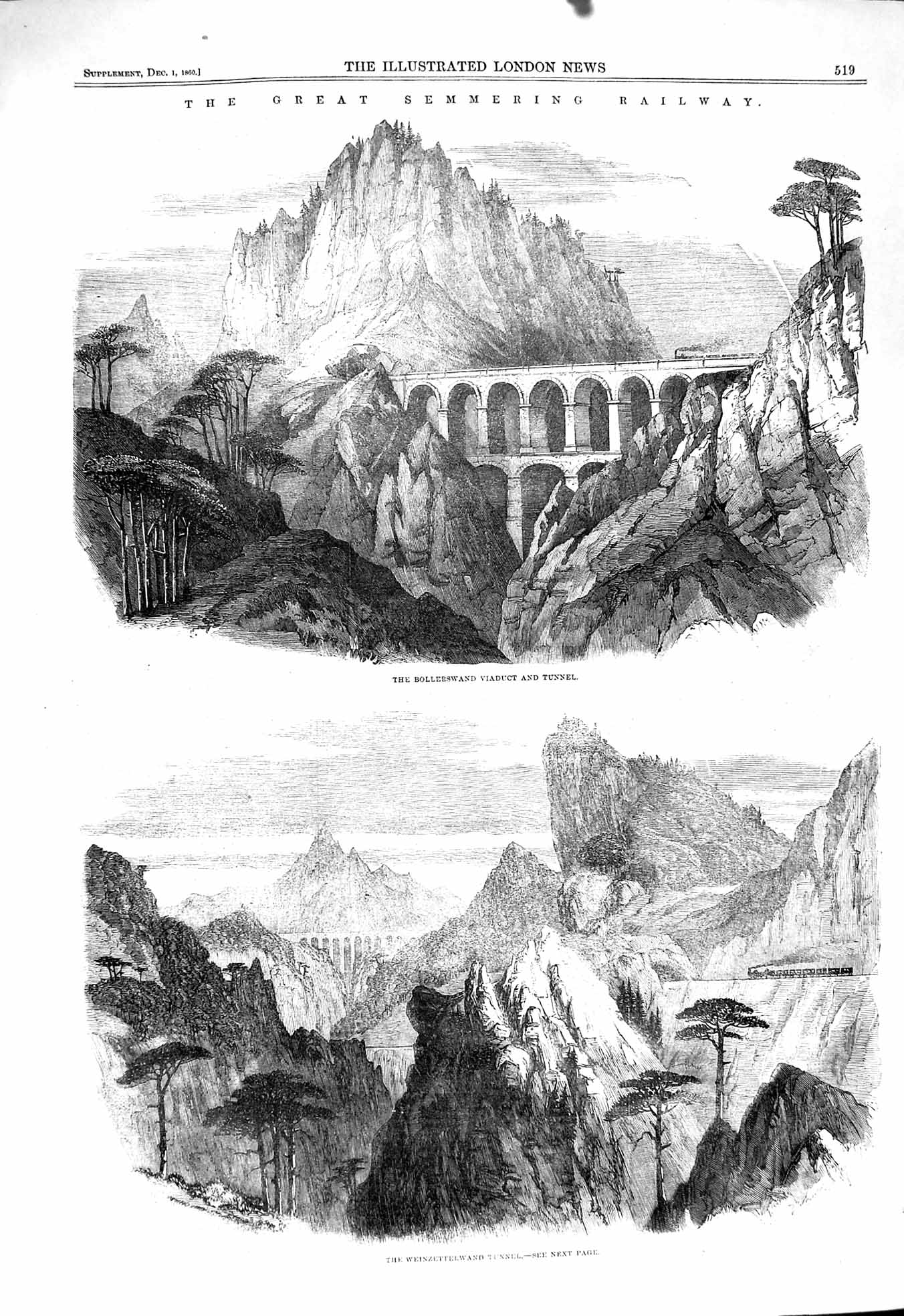 Original Old Antique Print 1860 Semmering Railway Bollerswand Weinzettelwand