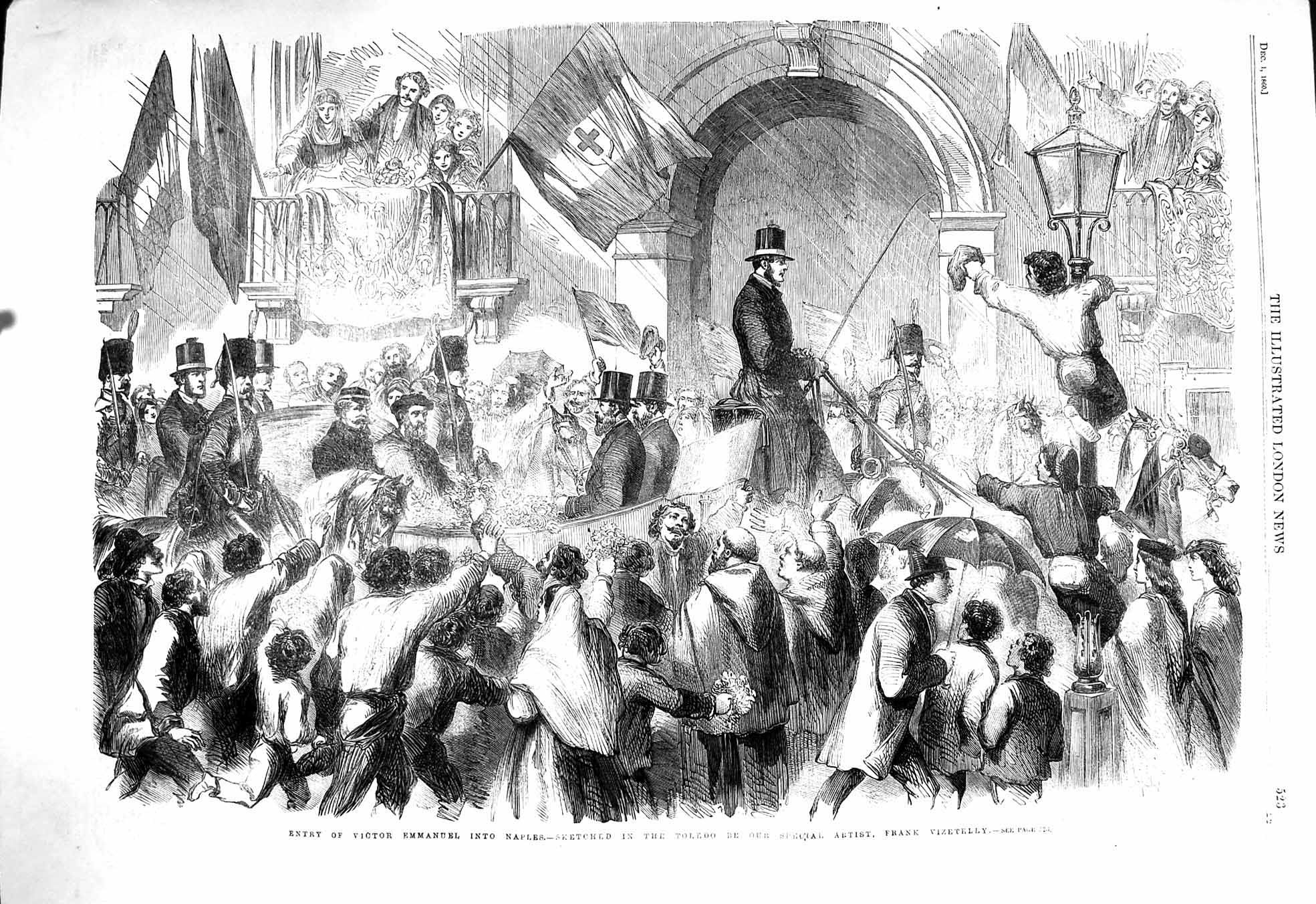 Old Antique Print 1860 Victor Emmanuel Naples Italy Toledo Horses Coach 19th