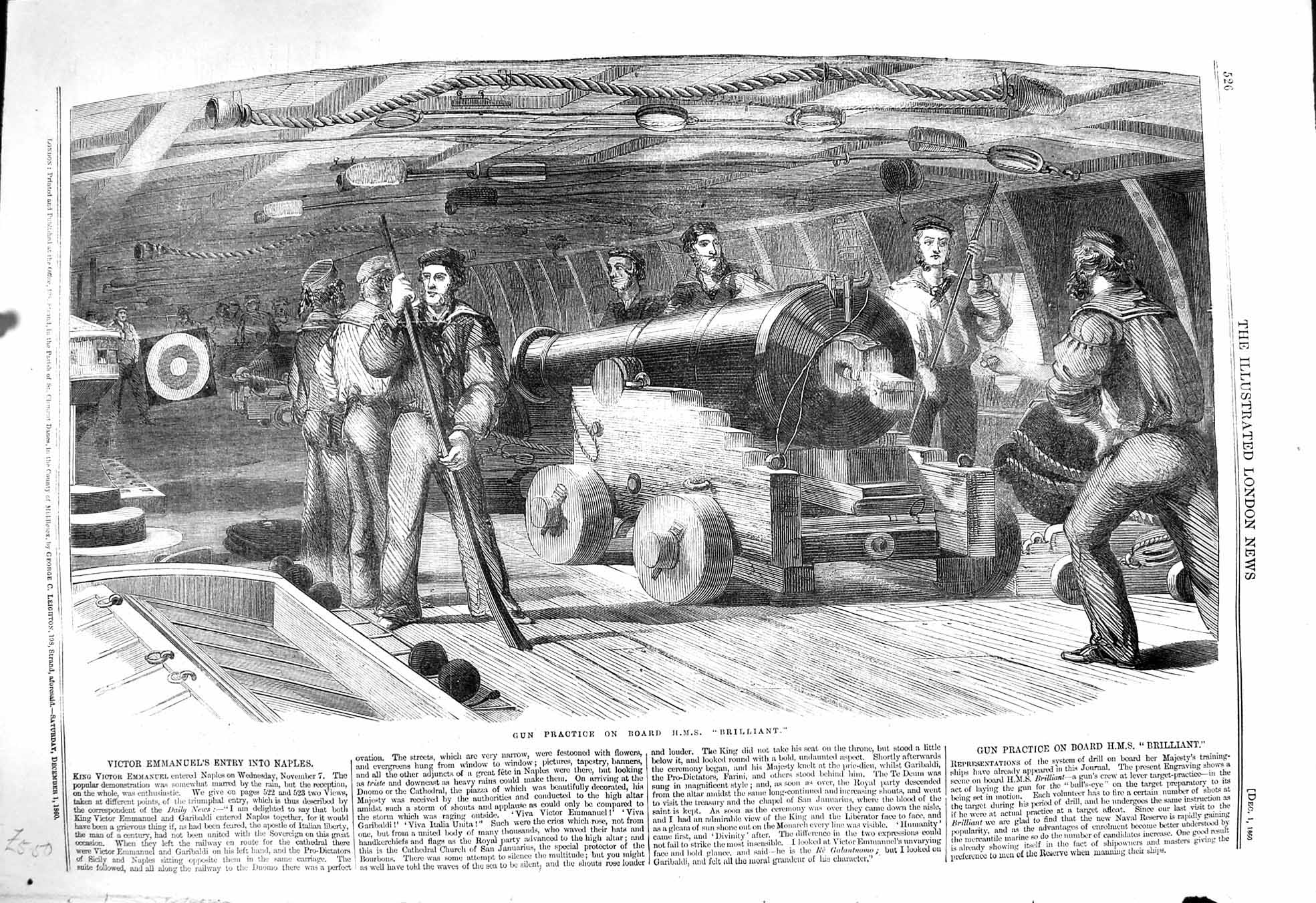 Original Old Antique Print 1860 Gun Practice Board H.M.S. Brilliant Ships Navy