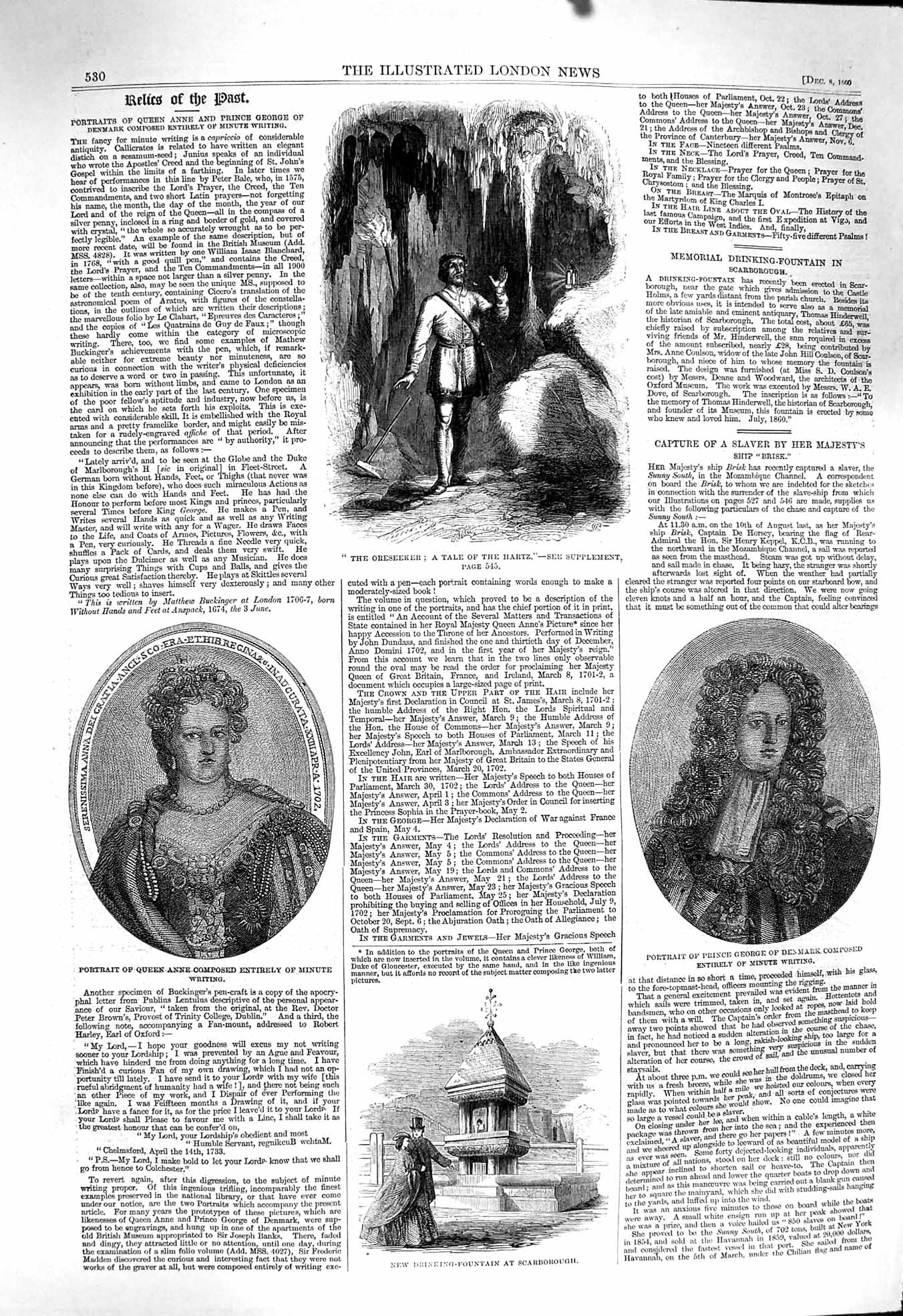 Original Old Antique Print 1860 Queen Anne Prince George Denmark Scarborough