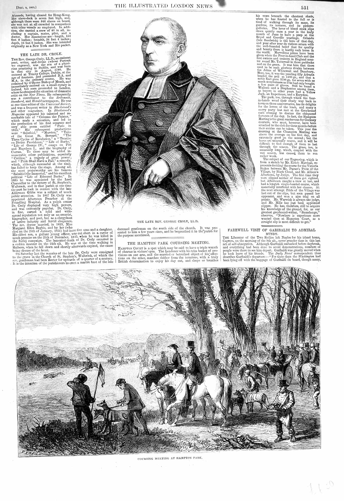 Original Old Antique Print 1860 Rev. George Croly Hampton Court Hare Coursing