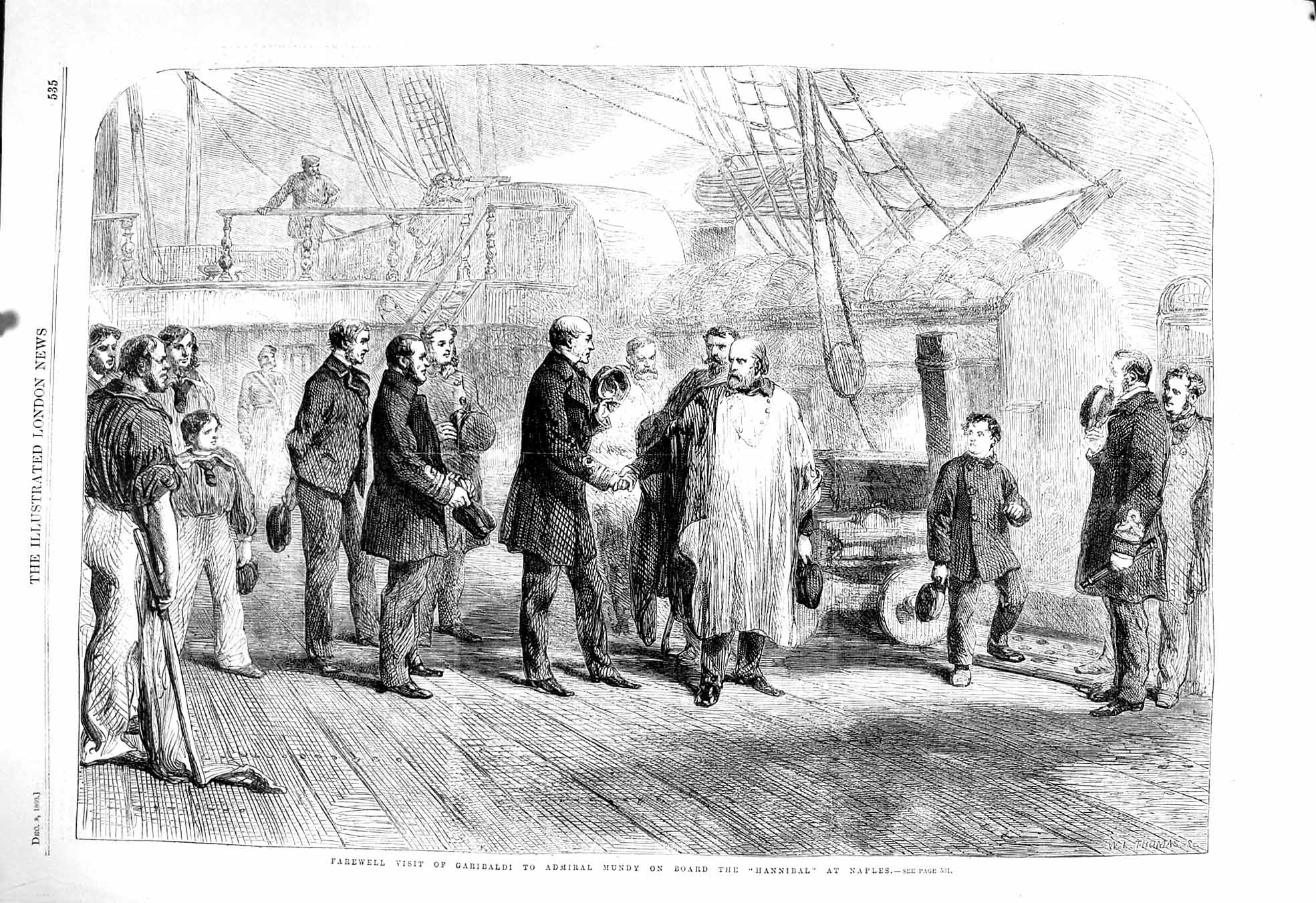 Old Antique Print 1860 Visit Garibaldi Admiral Mundy Hannibal Ship Naples 19th