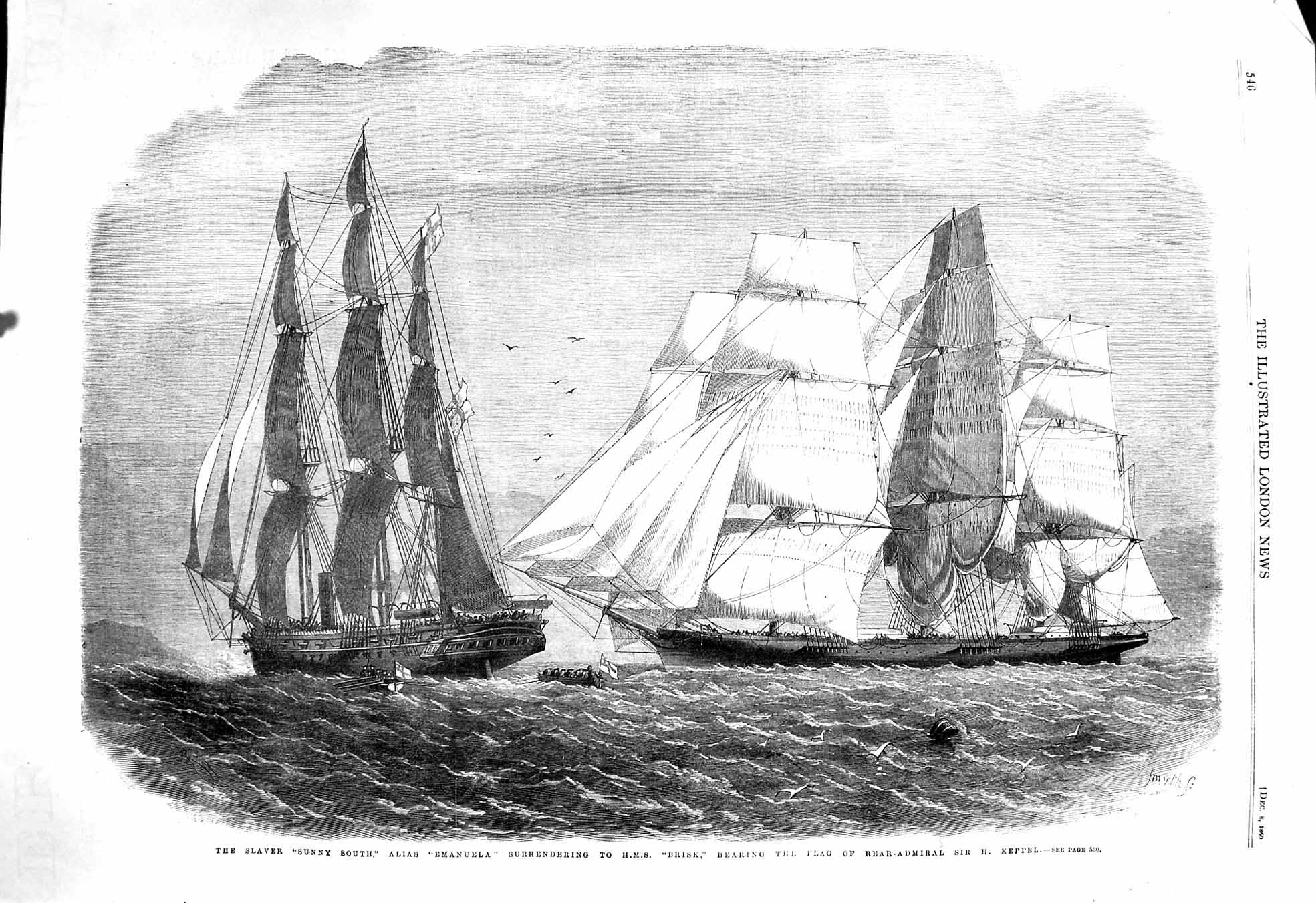 Original Old Antique Print 1860 Slaver Sunny South Emanuela Brisk Ships 19th