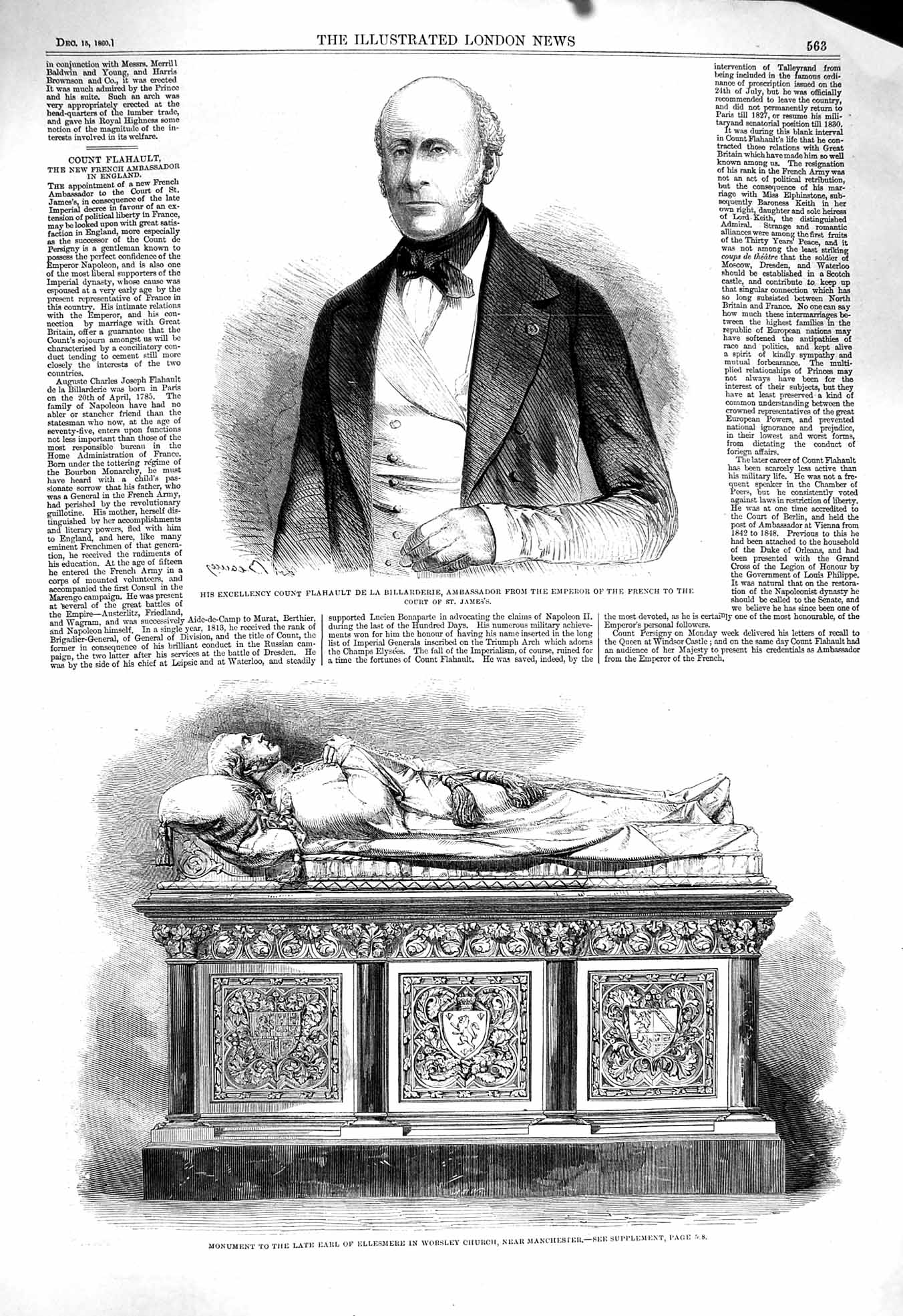 Old Antique Print 1860 Count Flahault Billarderie Earl Ellesmere Worsley 19th