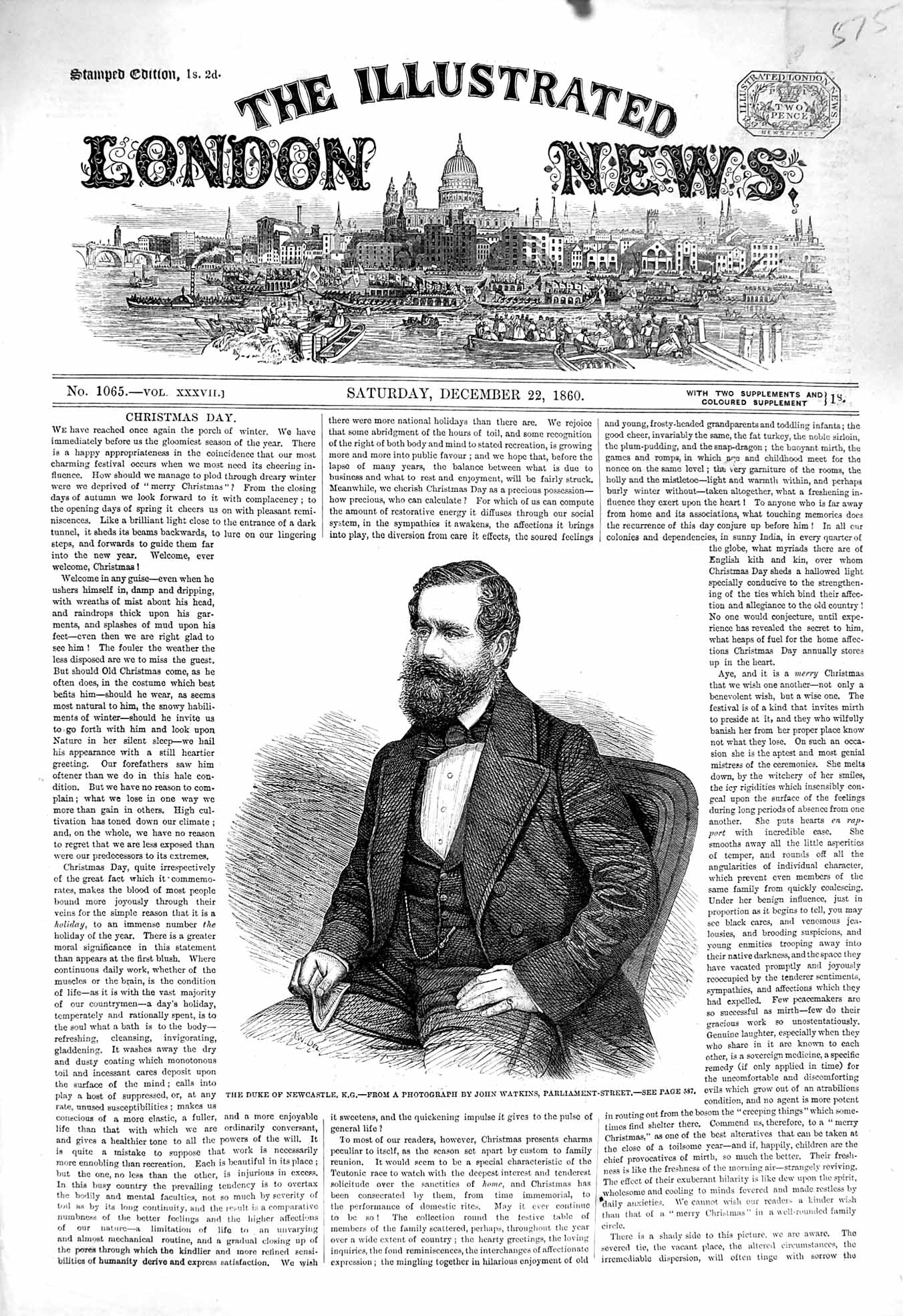 Original Old Antique Print 1860 Portrait Duke Newcastle John Watkins Victorian