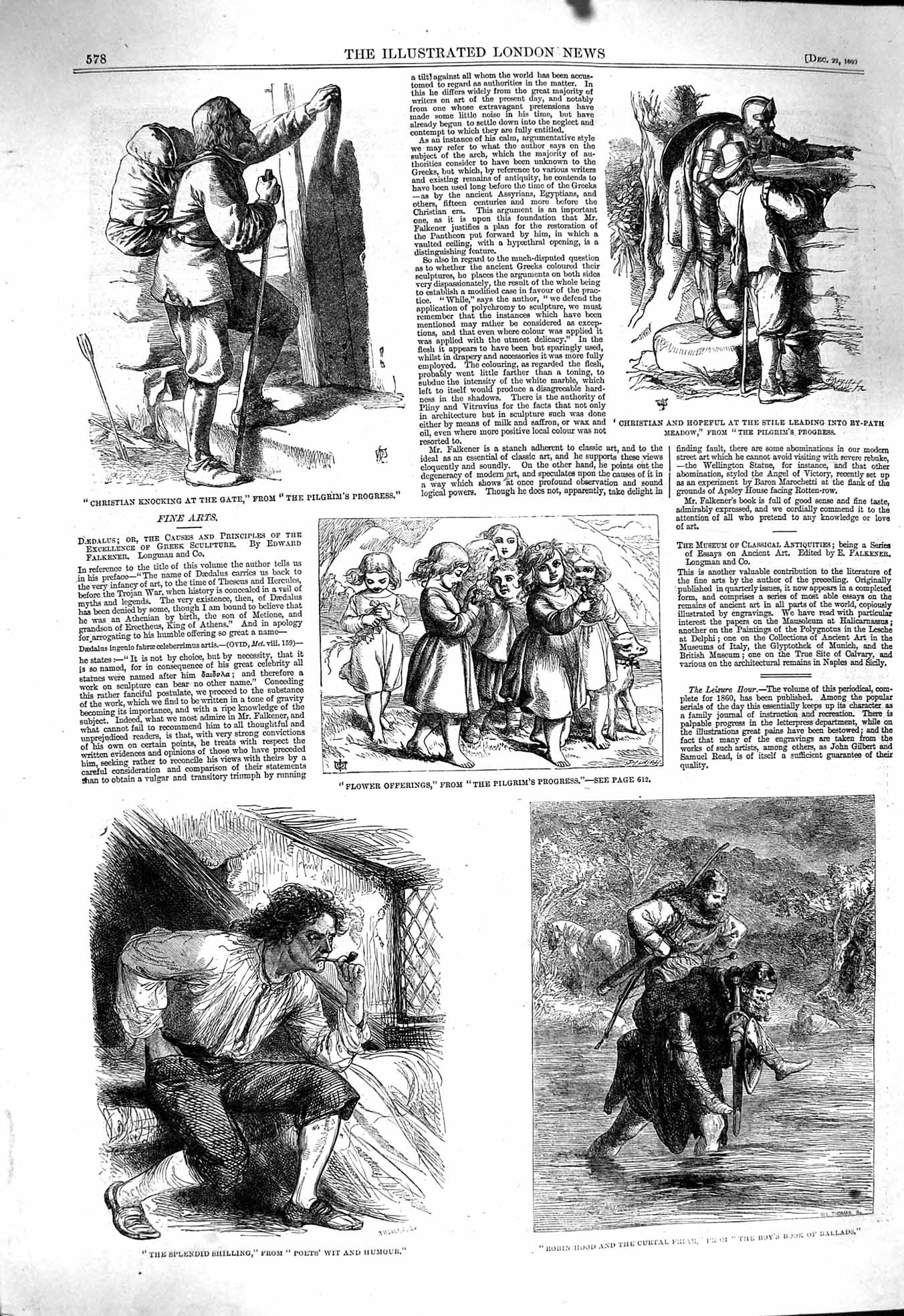 Original Old Antique Print 1860 Christian Knocking Children Flowers Robin Hood