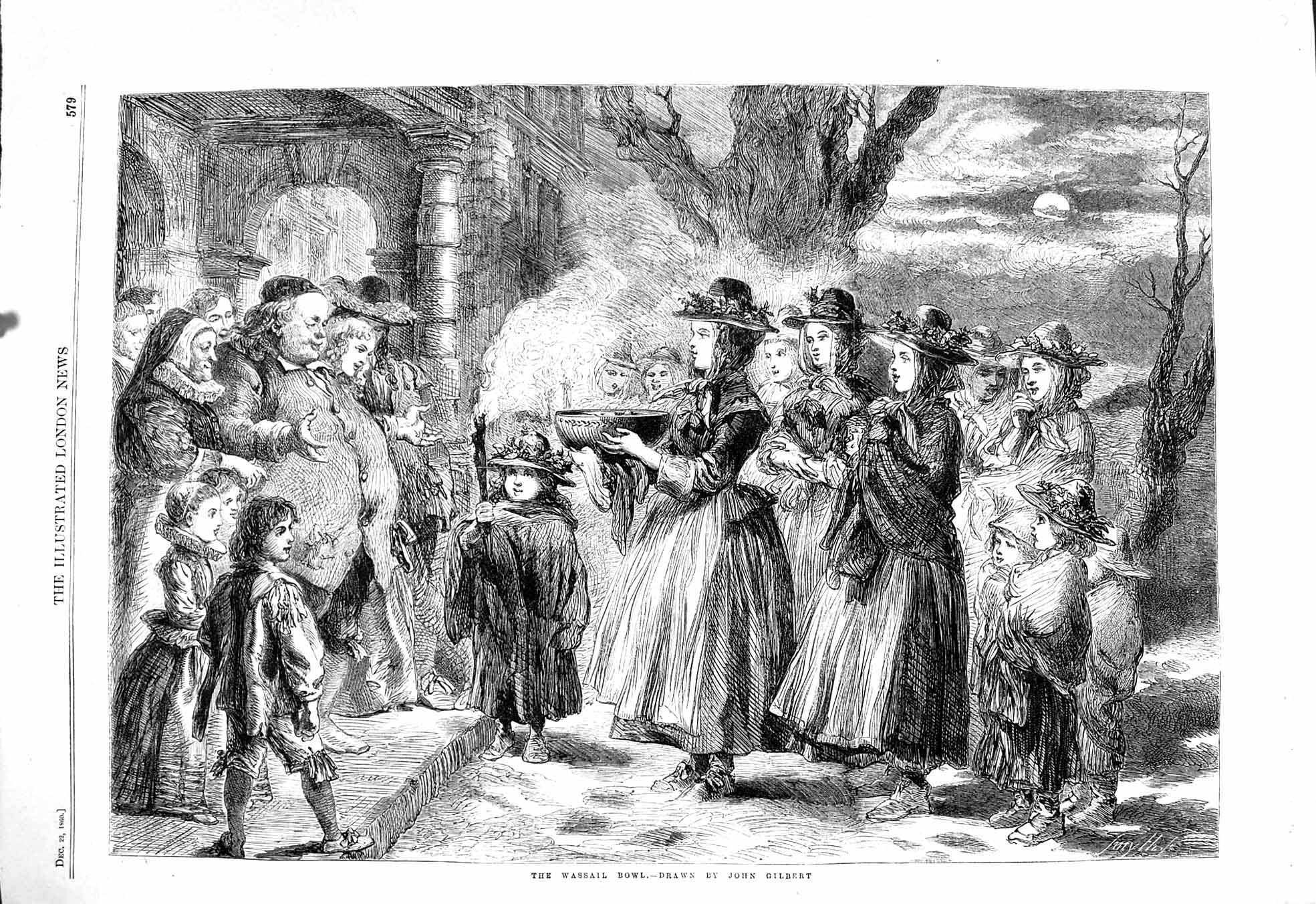 Old Antique Print 1860 Wassail Bowl Scene Moonlight Children John Gilbert 19th